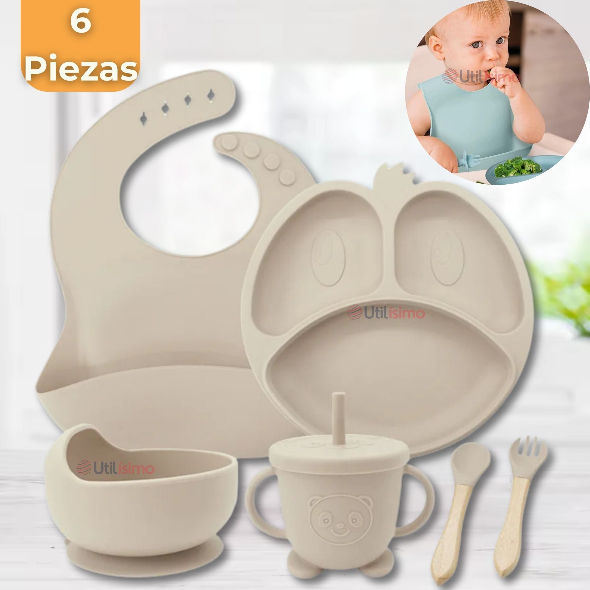 SET DE ALIMENTACIÓN BEBÉ SILICONA DE FORMAS 6 PIEZAS LIBRE BPA BEIGE - 1
