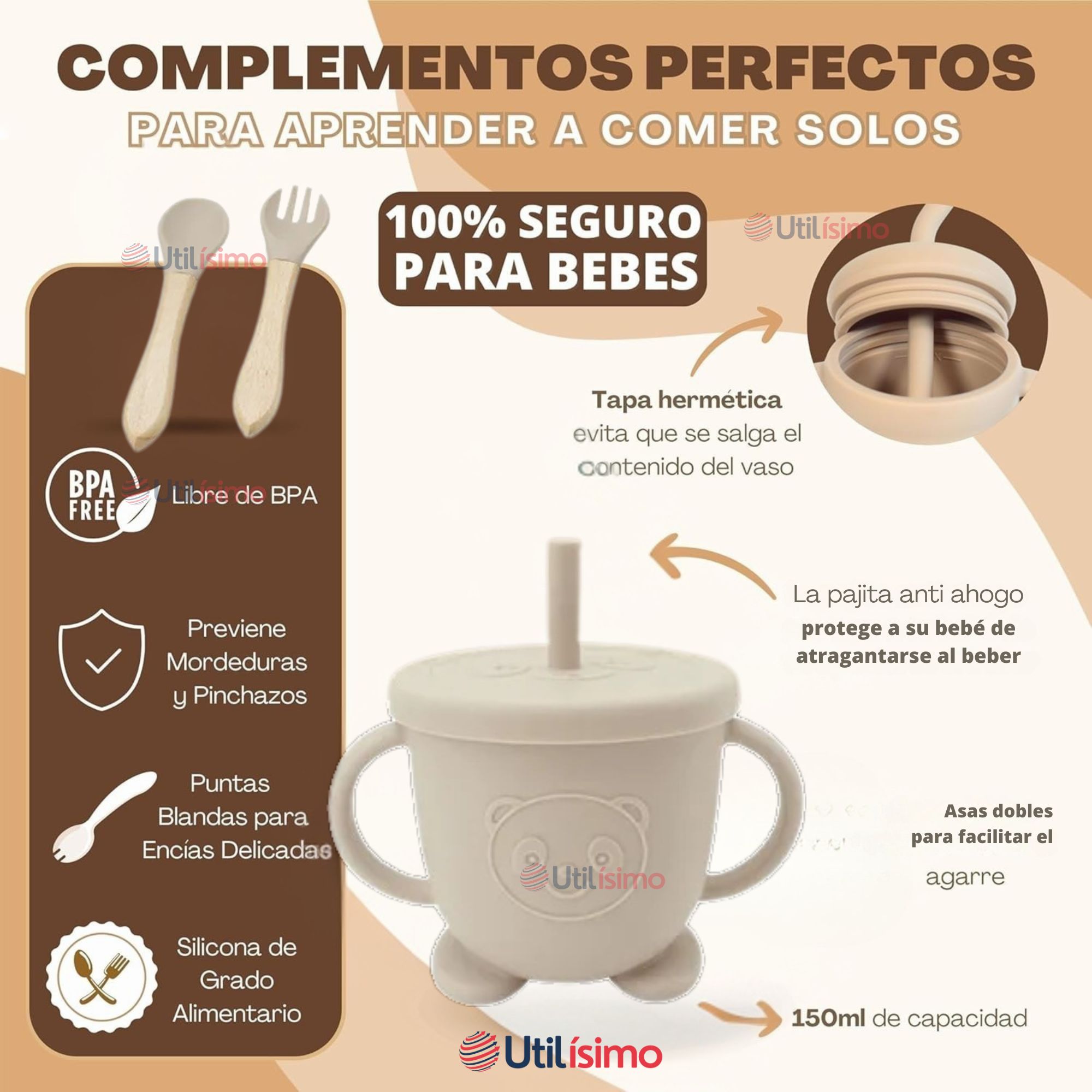 SET DE ALIMENTACIÓN BEBÉ SILICONA DE FORMAS 6 PIEZAS LIBRE BPA BEIGE - 3
