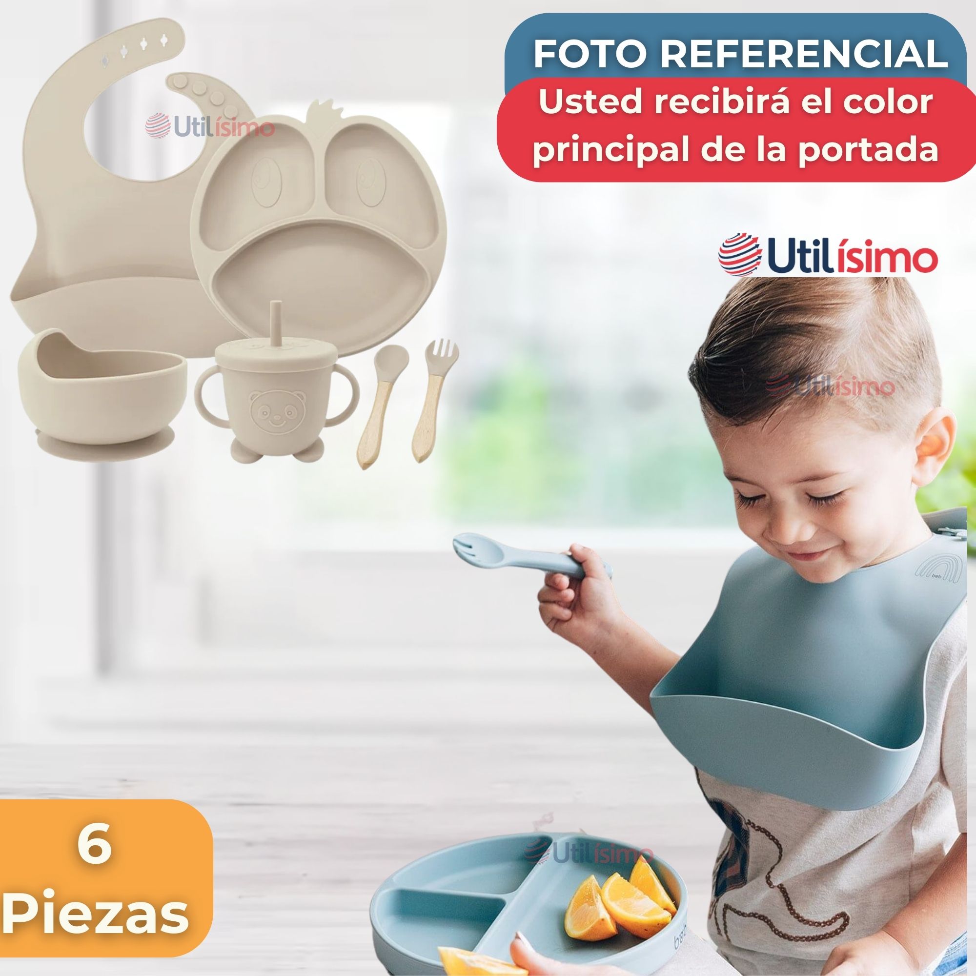 SET DE ALIMENTACIÓN BEBÉ SILICONA DE FORMAS 6 PIEZAS LIBRE BPA BEIGE - 8
