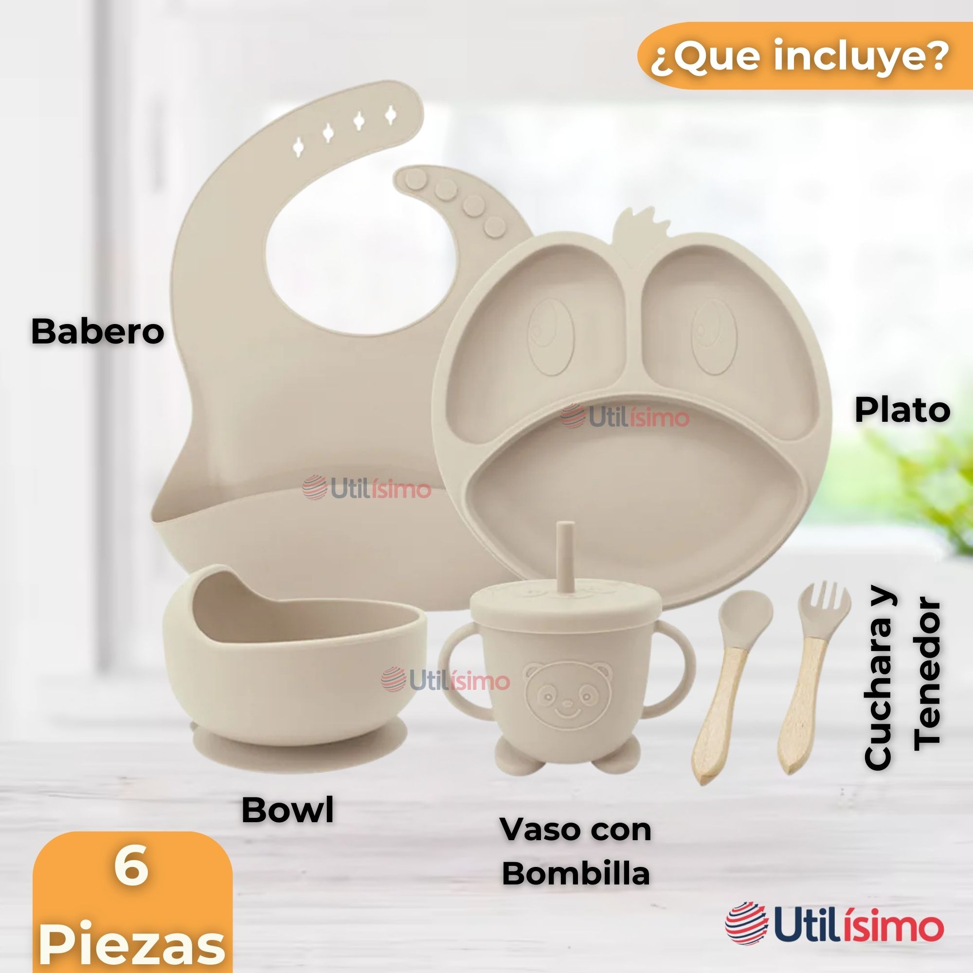 SET DE ALIMENTACIÓN BEBÉ SILICONA DE FORMAS 6 PIEZAS LIBRE BPA BEIGE - 9