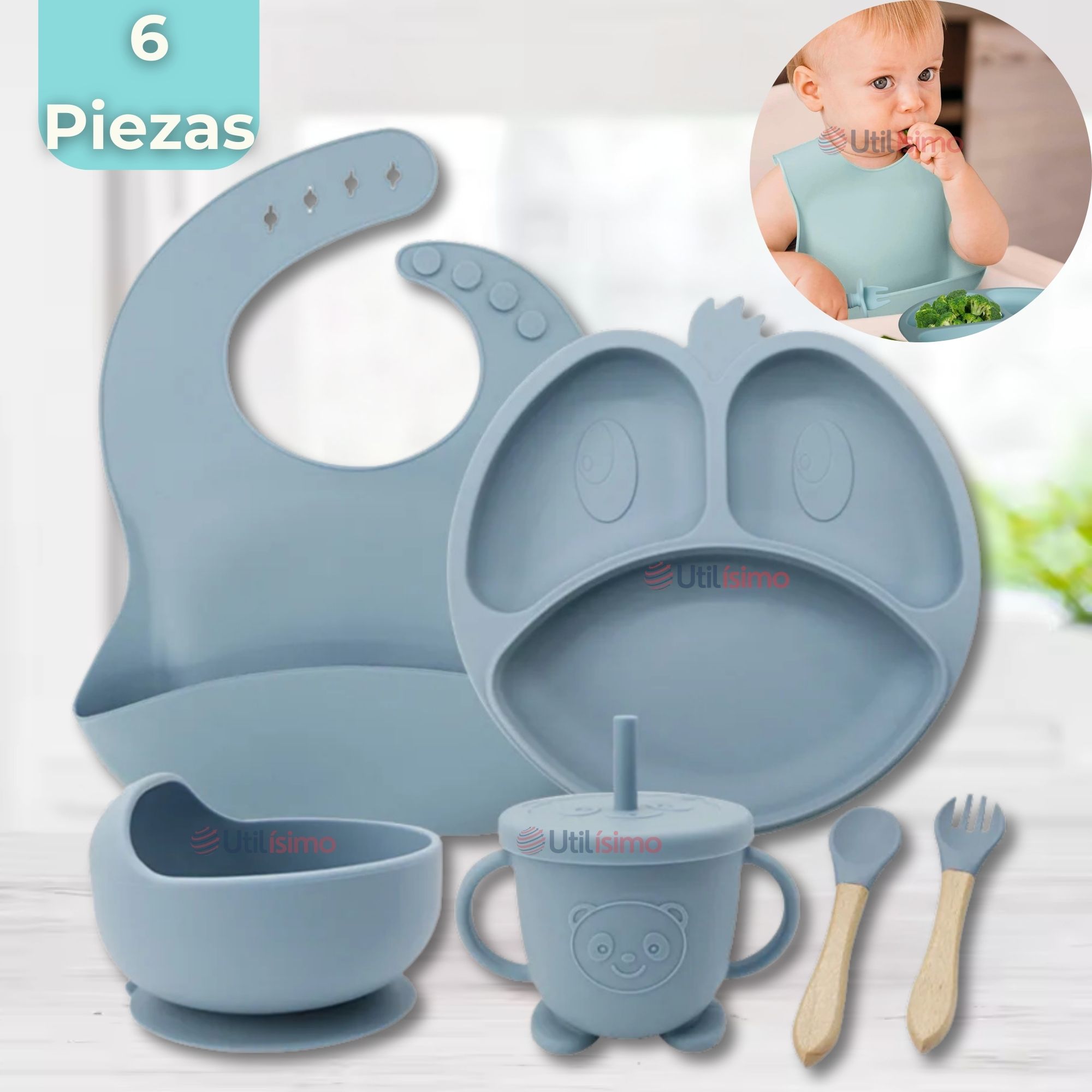 SET DE ALIMENTACIÓN BEBÉ SILICONA DE FORMAS 6 PIEZAS LIBRE BPA CELESTE - 1