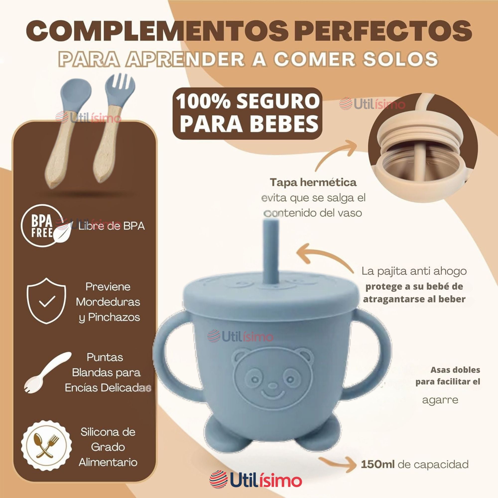 SET DE ALIMENTACIÓN BEBÉ SILICONA DE FORMAS 6 PIEZAS LIBRE BPA CELESTE - 3