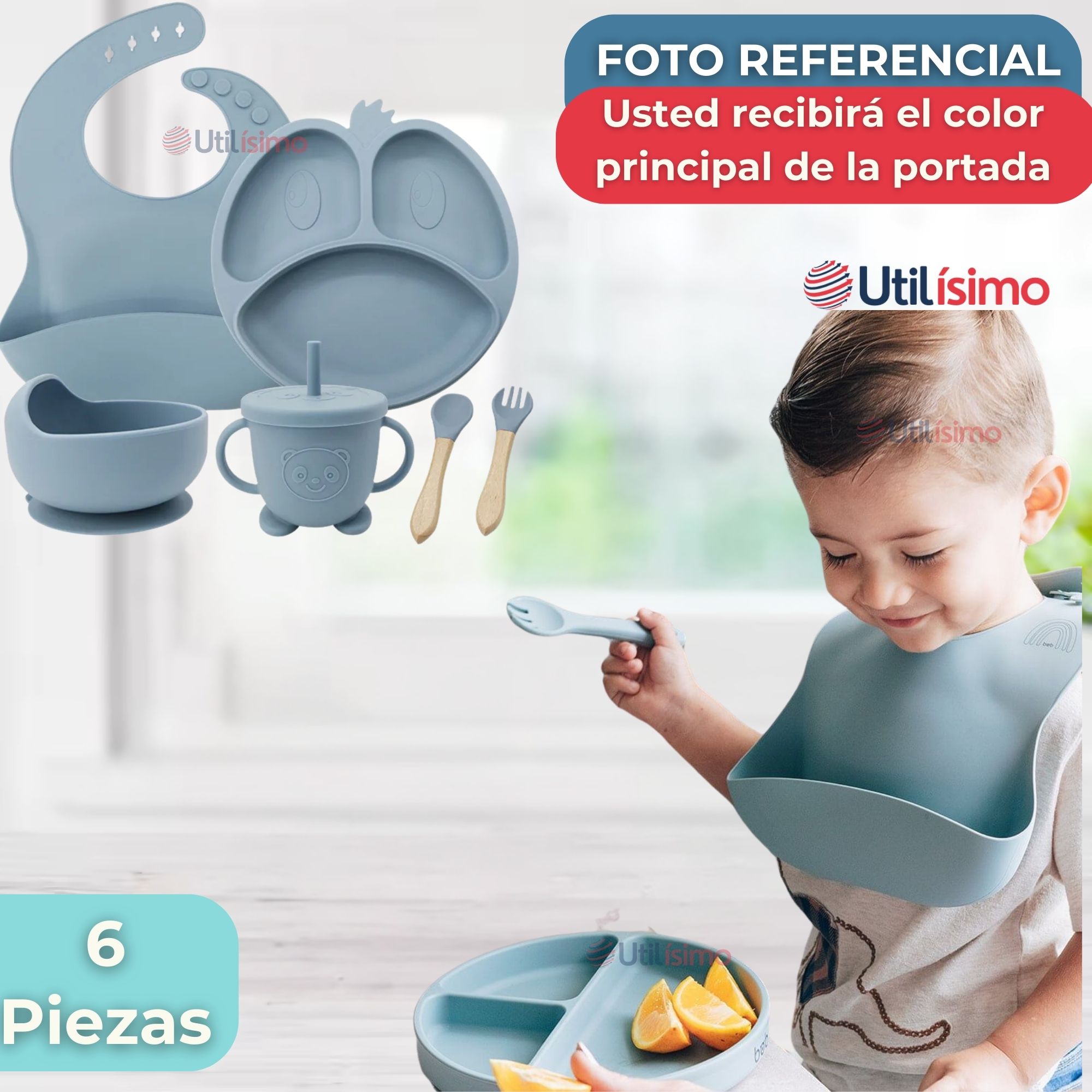 SET DE ALIMENTACIÓN BEBÉ SILICONA DE FORMAS 6 PIEZAS LIBRE BPA CELESTE - 8