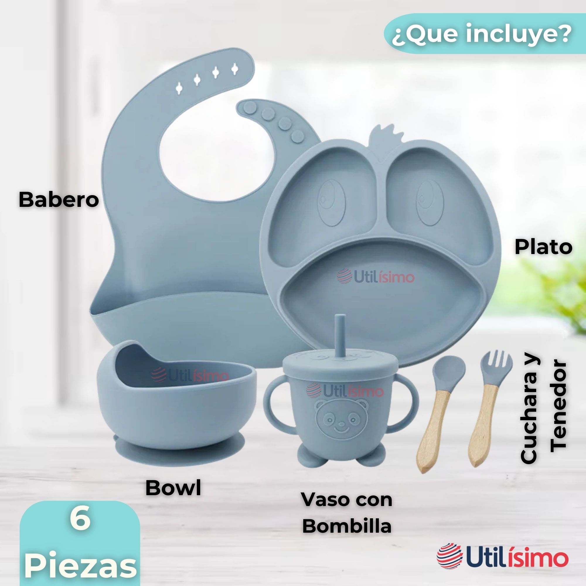 SET DE ALIMENTACIÓN BEBÉ SILICONA DE FORMAS 6 PIEZAS LIBRE BPA CELESTE - 9