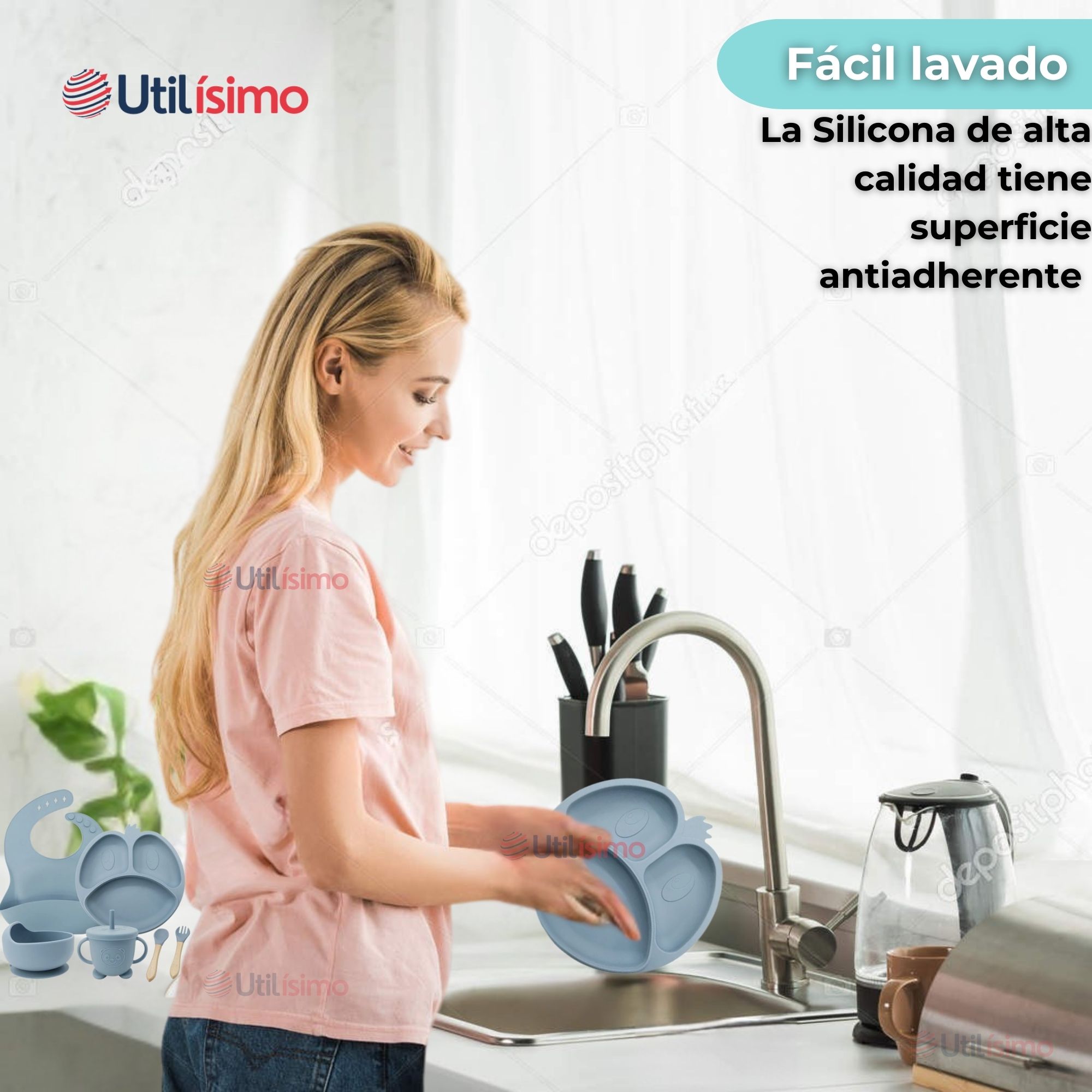 SET DE ALIMENTACIÓN BEBÉ SILICONA DE FORMAS 6 PIEZAS LIBRE BPA CELESTE - 11