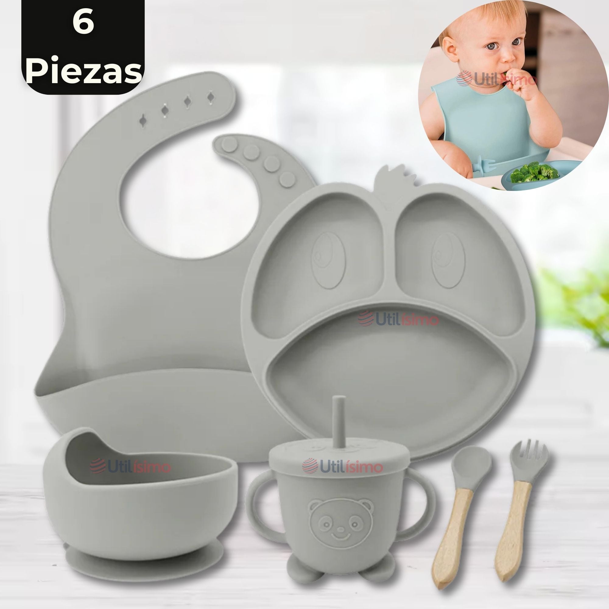 SET DE ALIMENTACIÓN BEBÉ SILICONA DE FORMAS 6 PIEZAS LIBRE BPA GRIS - 1
