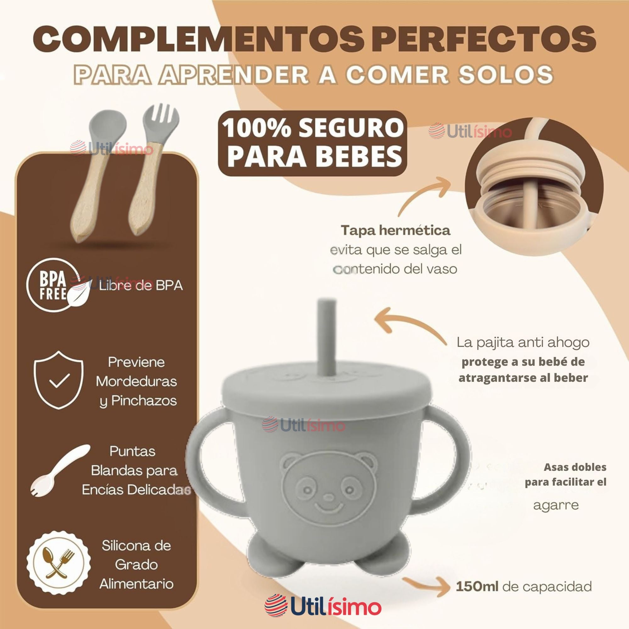 SET DE ALIMENTACIÓN BEBÉ SILICONA DE FORMAS 6 PIEZAS LIBRE BPA GRIS - 3