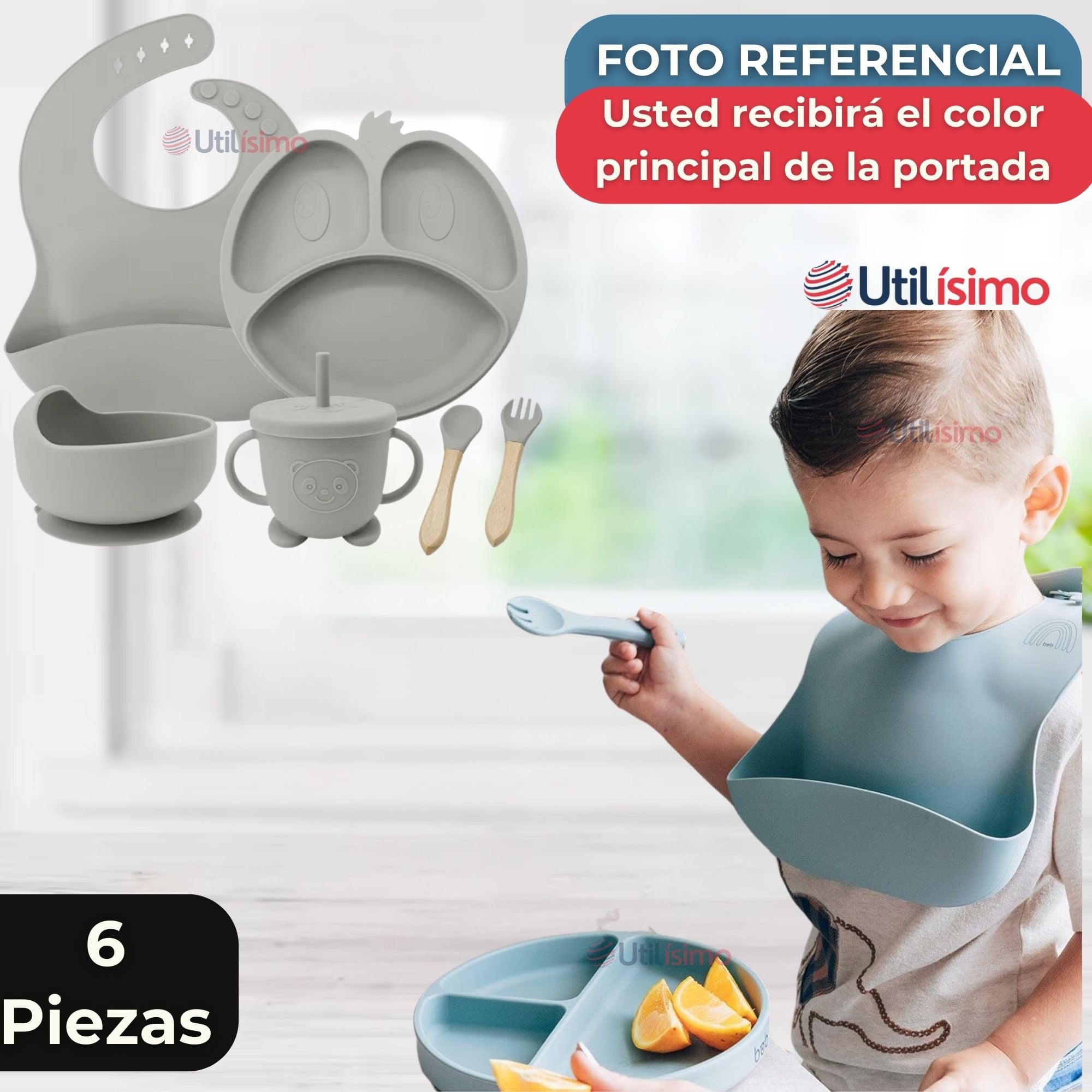 SET DE ALIMENTACIÓN BEBÉ SILICONA DE FORMAS 6 PIEZAS LIBRE BPA GRIS - 8