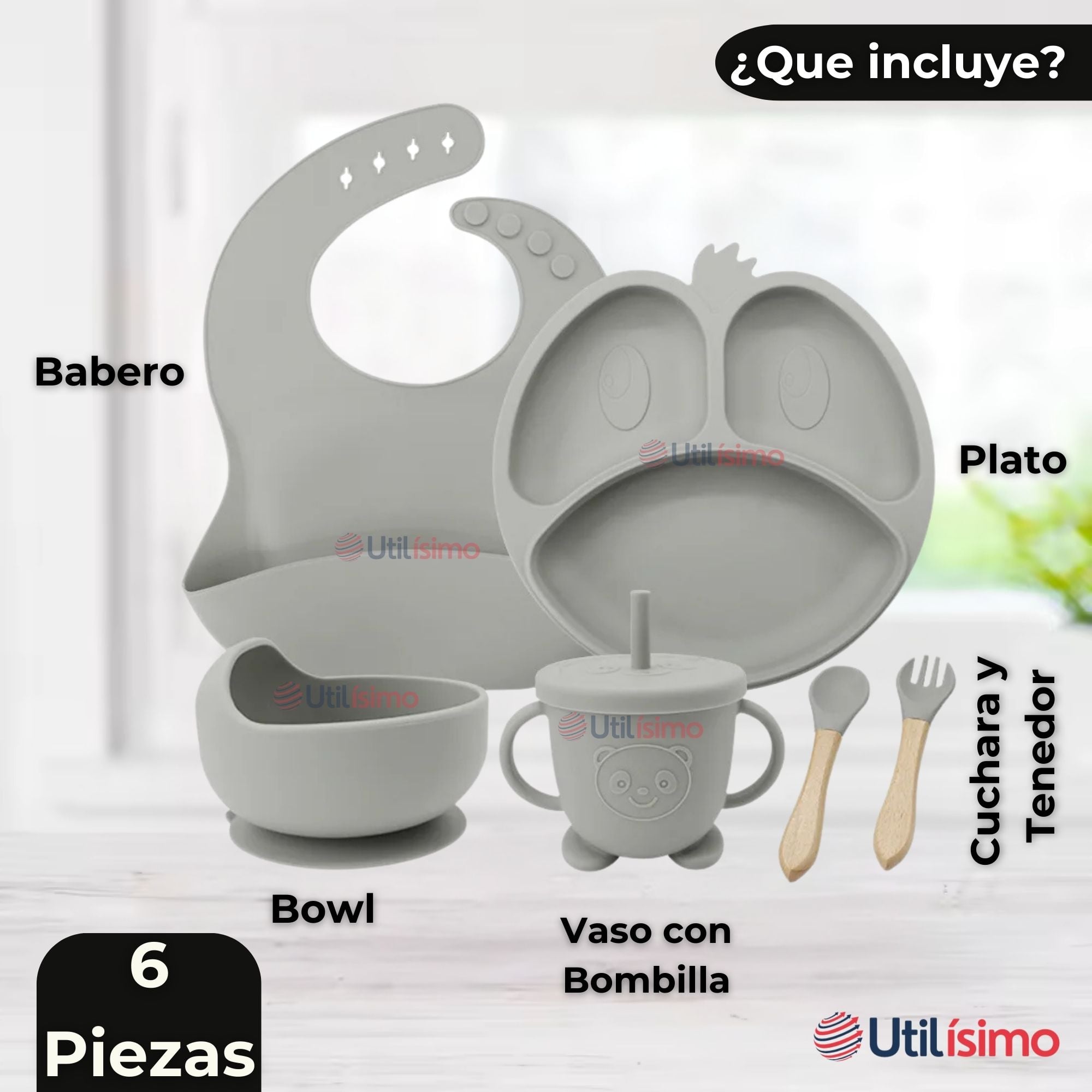 SET DE ALIMENTACIÓN BEBÉ SILICONA DE FORMAS 6 PIEZAS LIBRE BPA GRIS - 9