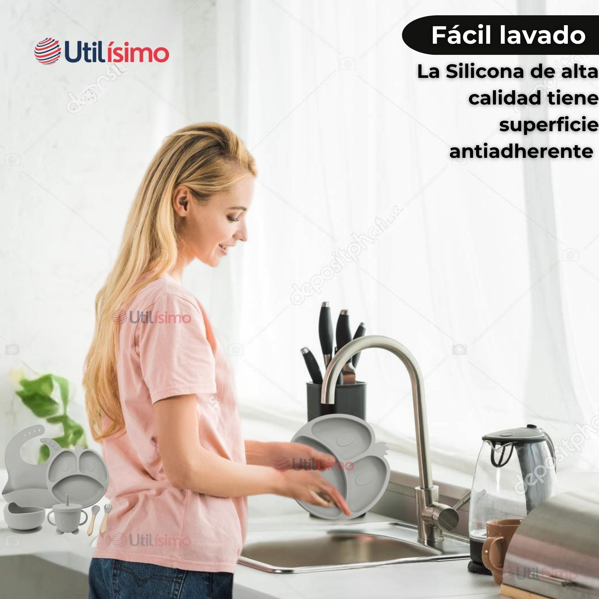 SET DE ALIMENTACIÓN BEBÉ SILICONA DE FORMAS 6 PIEZAS LIBRE BPA GRIS - 11