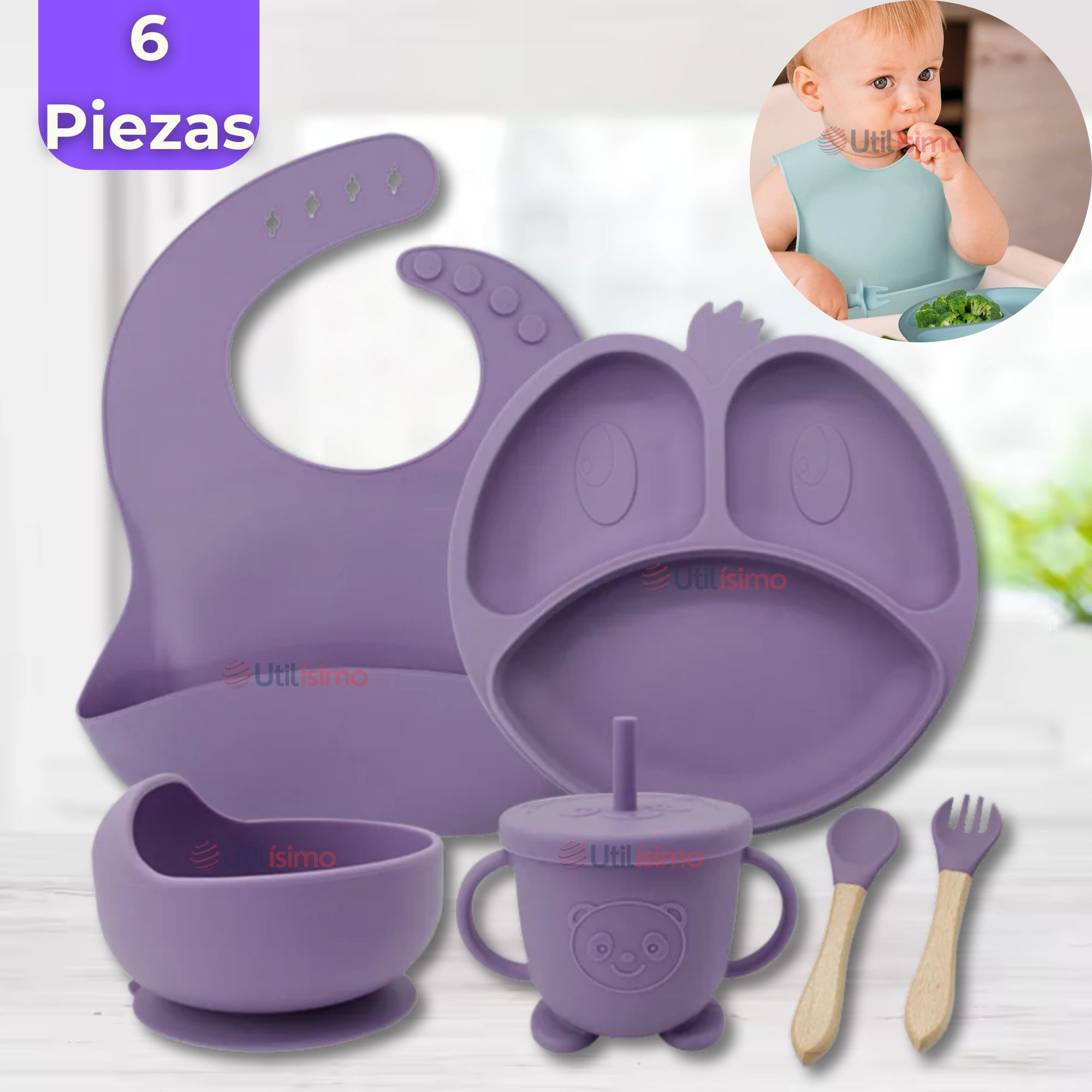 SET DE ALIMENTACIÓN BEBÉ SILICONA DE FORMAS 6 PIEZAS LIBRE BPA LILA - 1