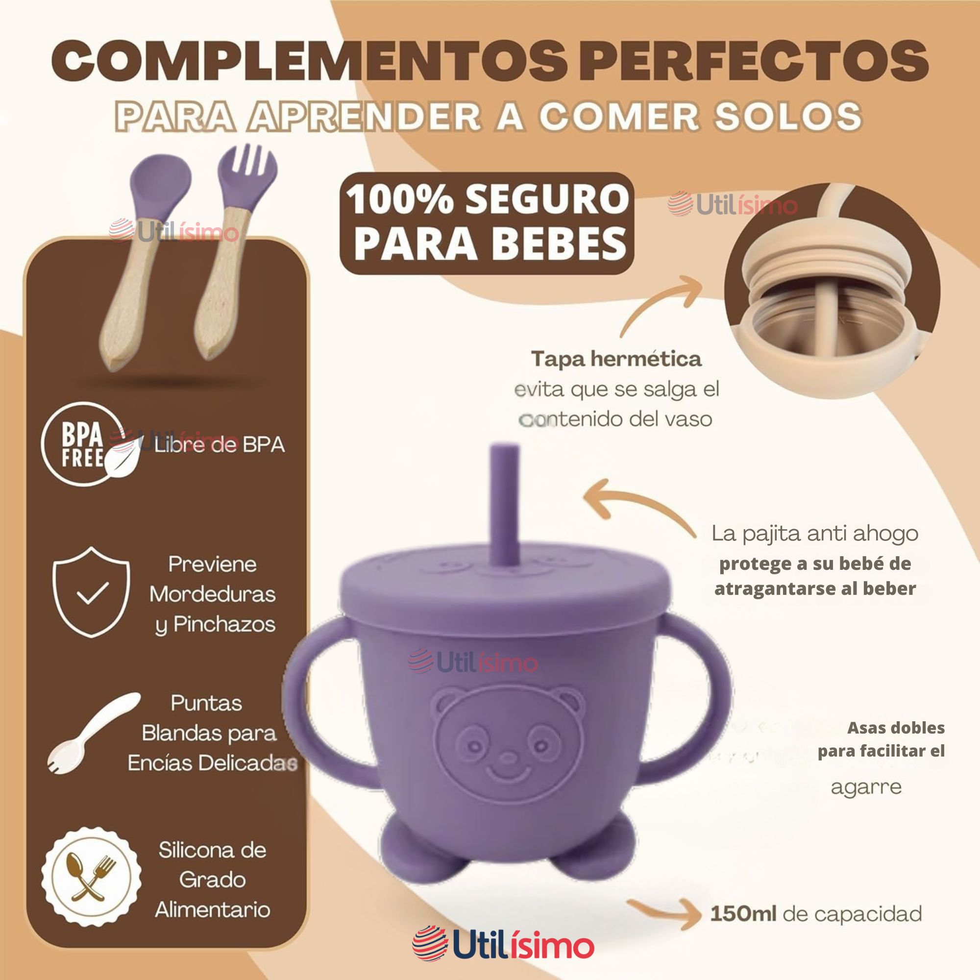 SET DE ALIMENTACIÓN BEBÉ SILICONA DE FORMAS 6 PIEZAS LIBRE BPA LILA - 3