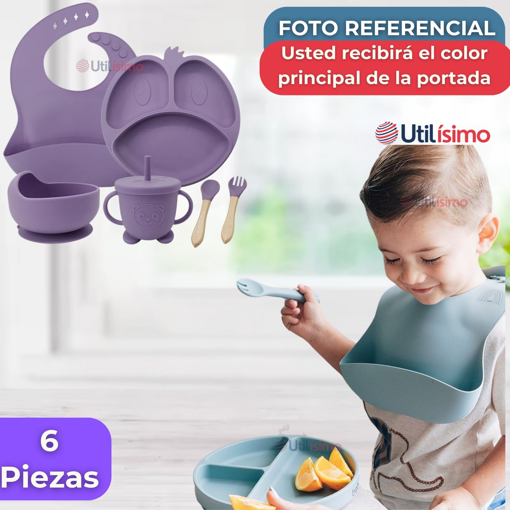 SET DE ALIMENTACIÓN BEBÉ SILICONA DE FORMAS 6 PIEZAS LIBRE BPA LILA - 8