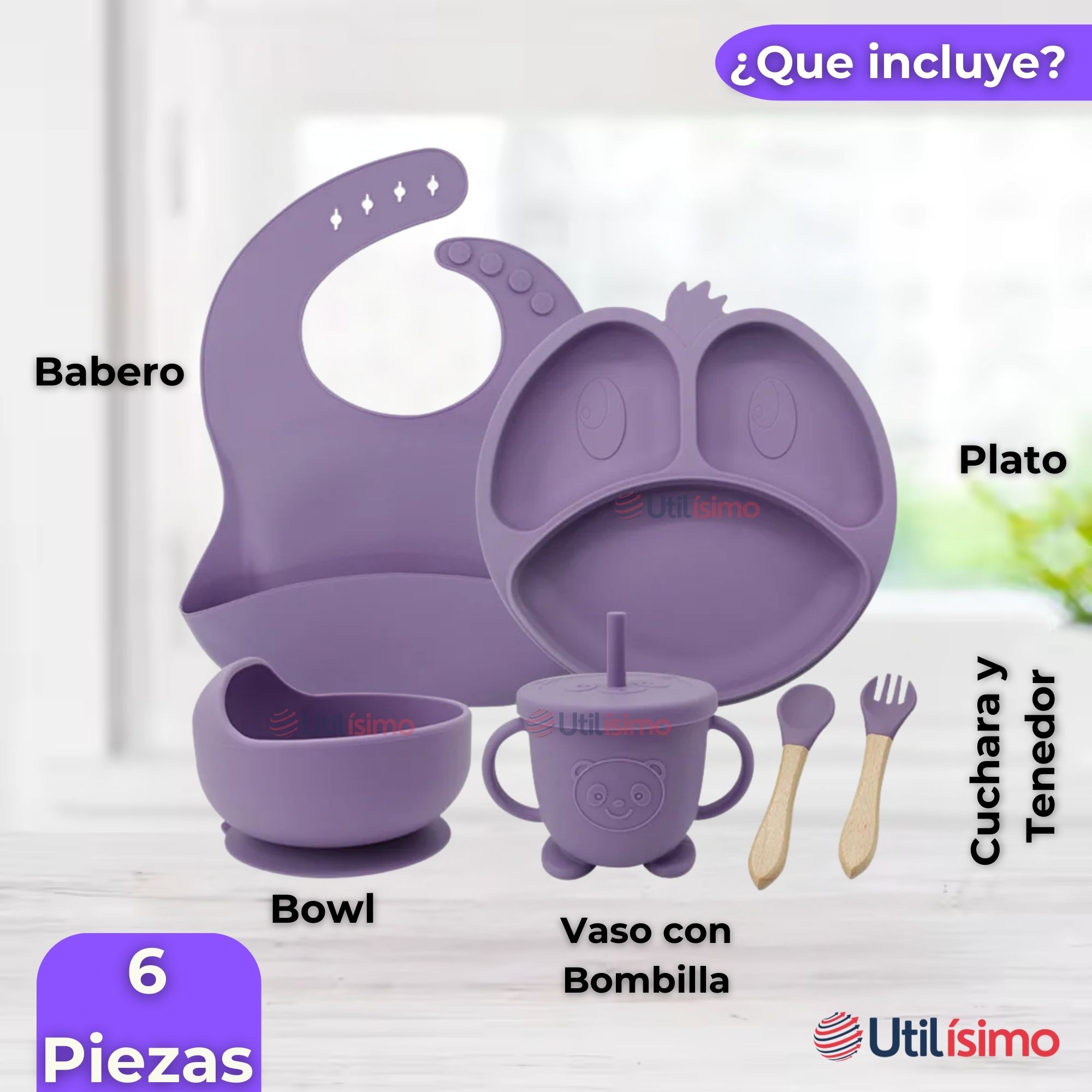 SET DE ALIMENTACIÓN BEBÉ SILICONA DE FORMAS 6 PIEZAS LIBRE BPA LILA - 9