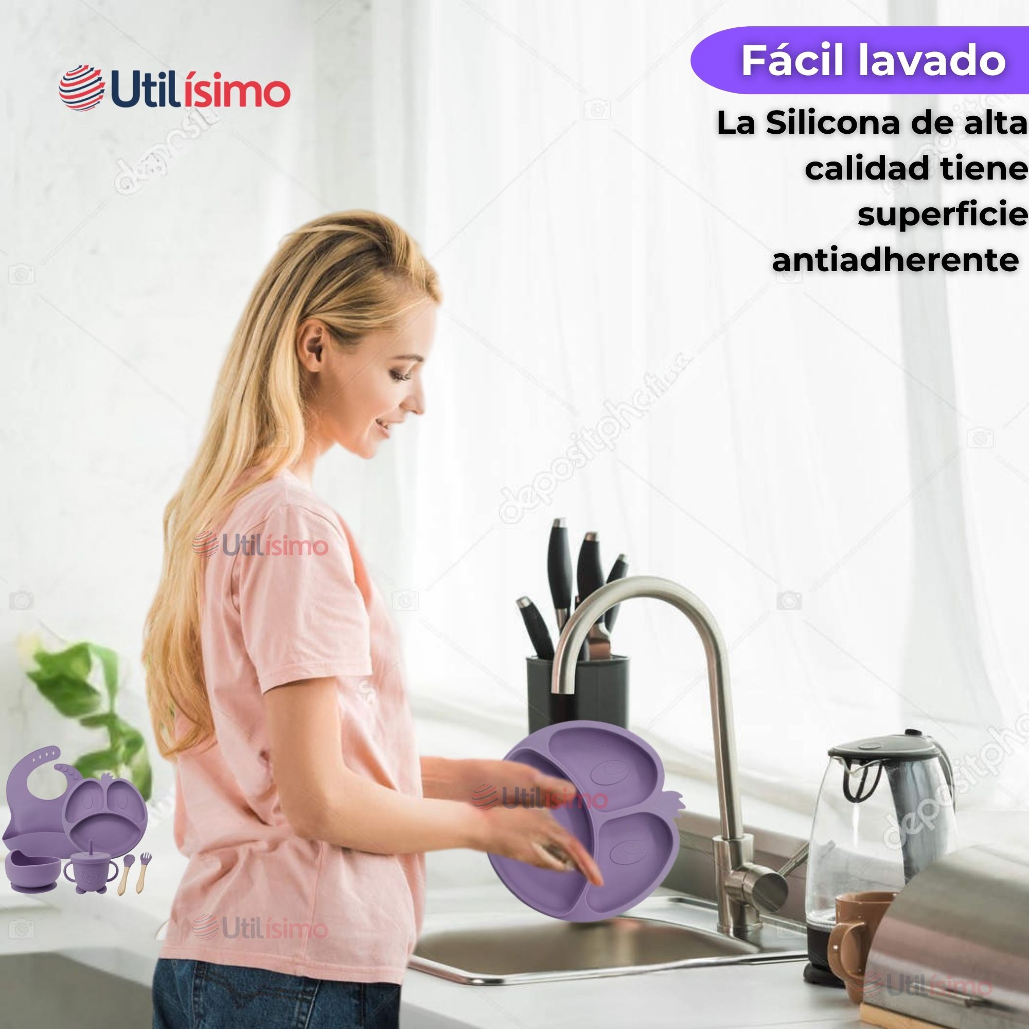 SET DE ALIMENTACIÓN BEBÉ SILICONA DE FORMAS 6 PIEZAS LIBRE BPA LILA - 11