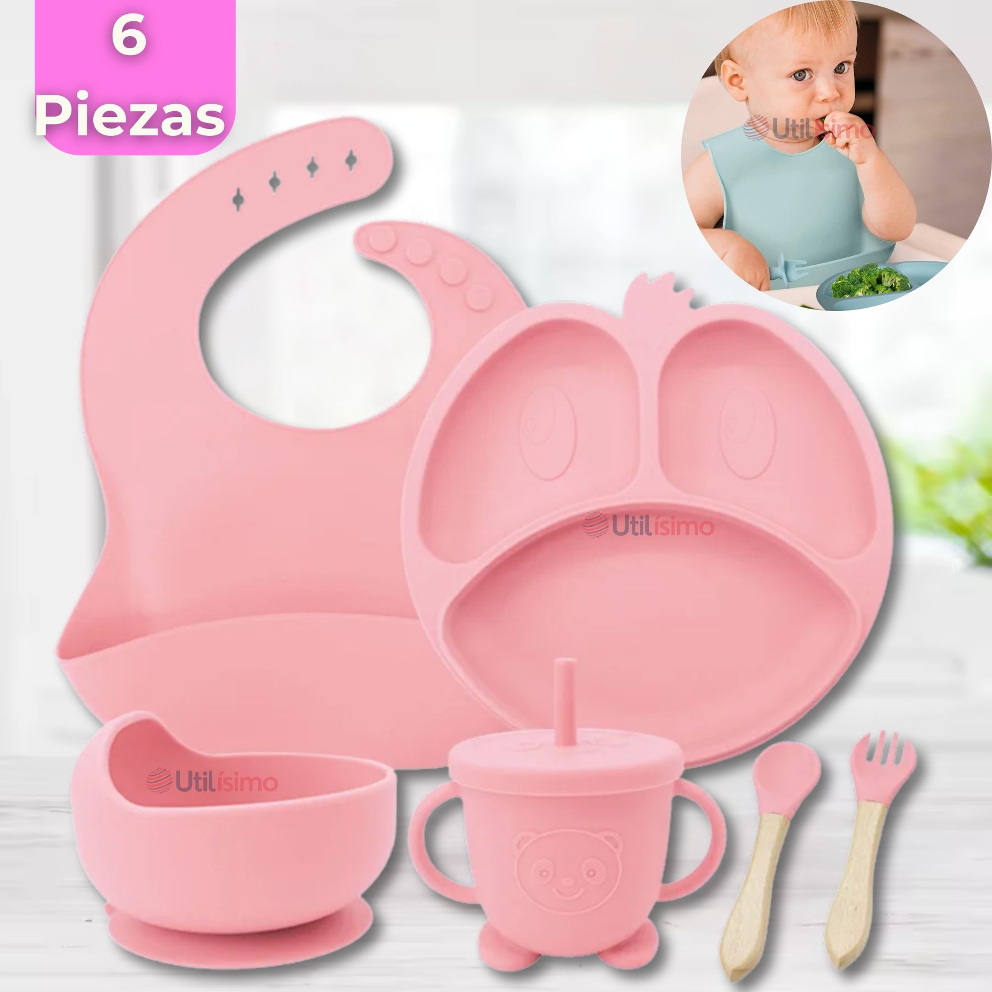 SET DE ALIMENTACIÓN BEBÉ SILICONA DE FORMAS 6 PIEZAS LIBRE BPA ROSA CLARO - 1