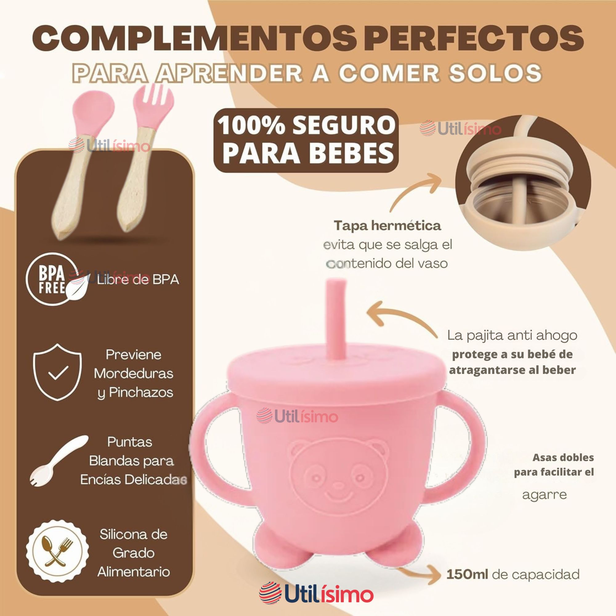 SET DE ALIMENTACIÓN BEBÉ SILICONA DE FORMAS 6 PIEZAS LIBRE BPA ROSA CLARO - 3