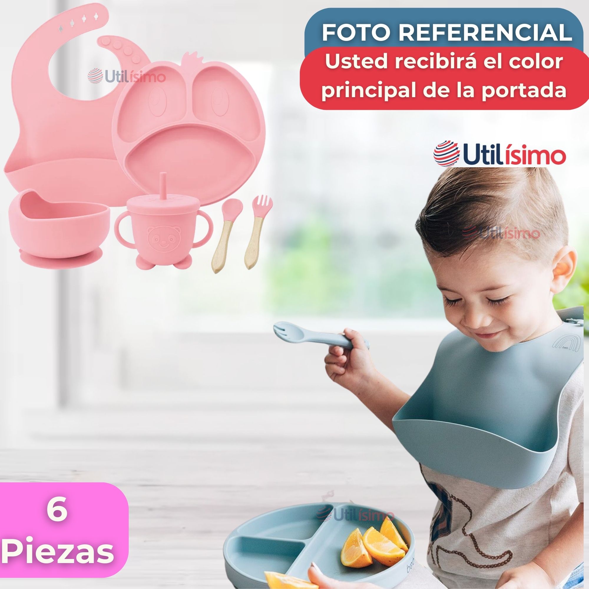 SET DE ALIMENTACIÓN BEBÉ SILICONA DE FORMAS 6 PIEZAS LIBRE BPA ROSA CLARO - 8