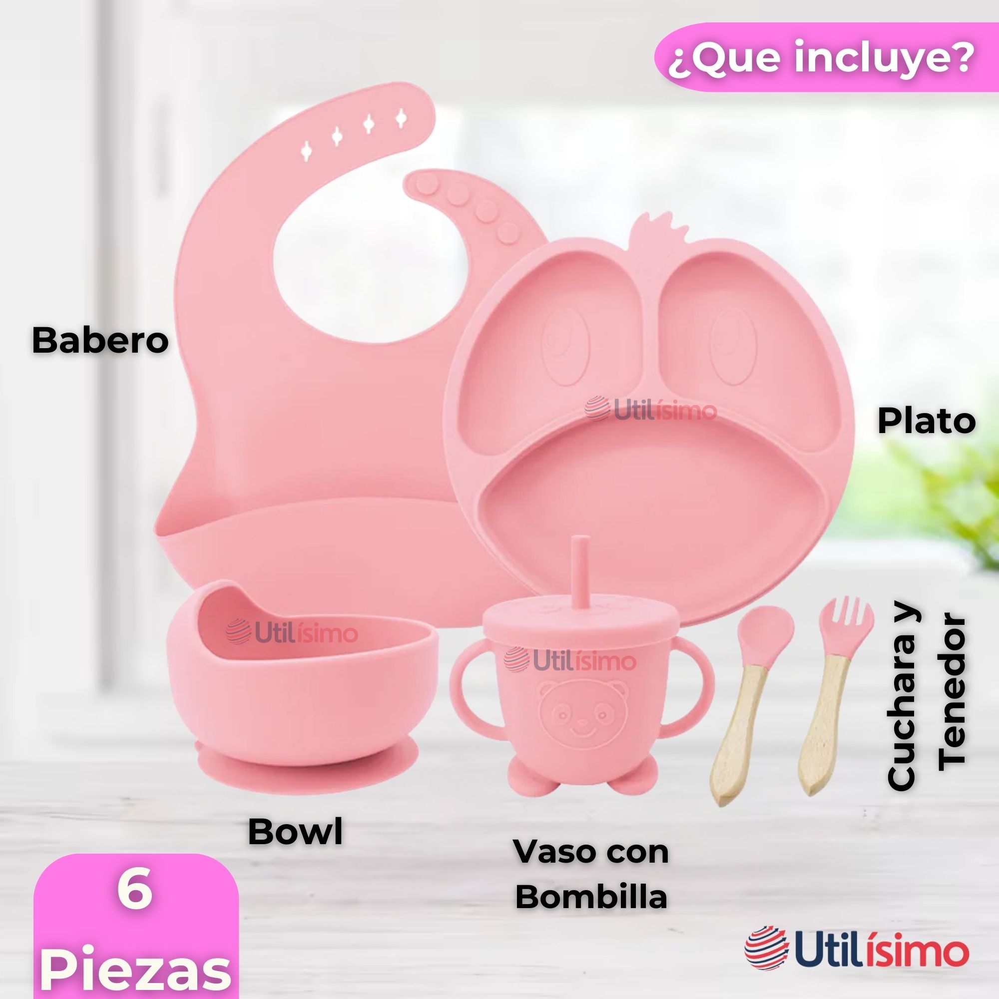 SET DE ALIMENTACIÓN BEBÉ SILICONA DE FORMAS 6 PIEZAS LIBRE BPA ROSA CLARO - 9