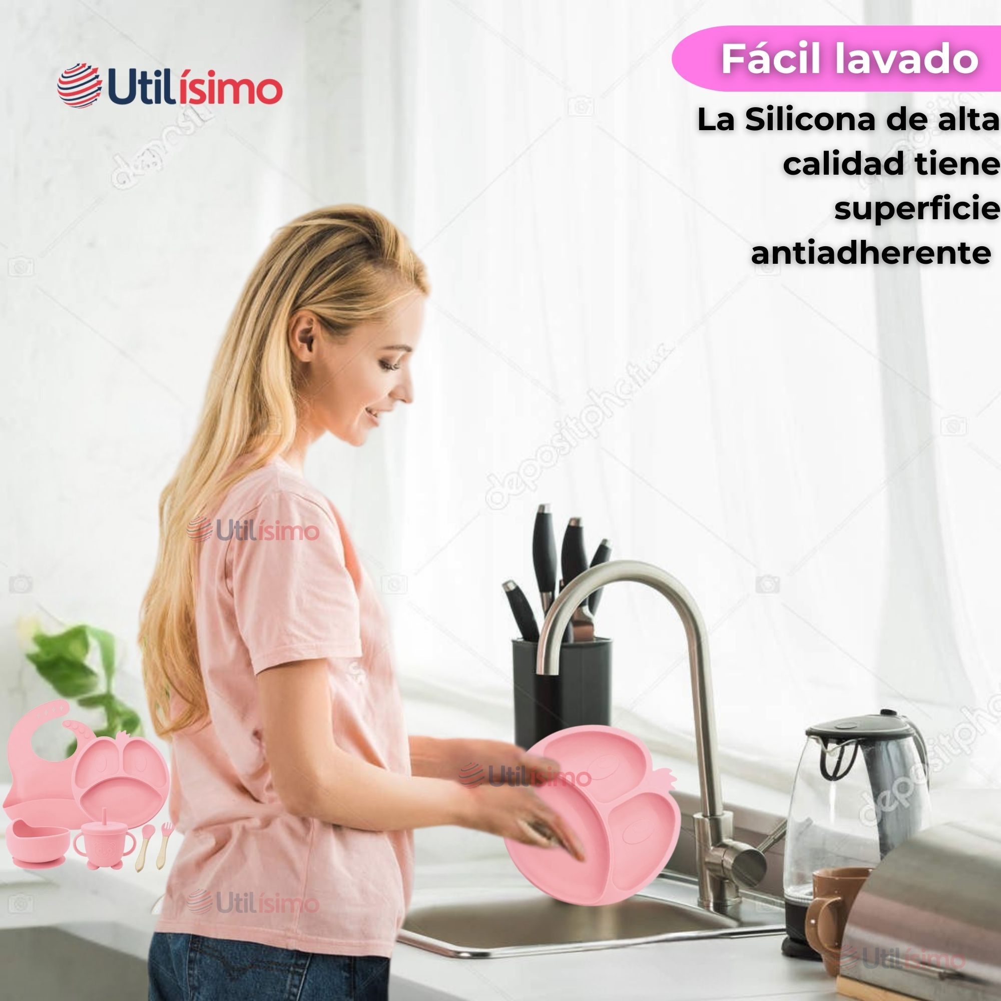 SET DE ALIMENTACIÓN BEBÉ SILICONA DE FORMAS 6 PIEZAS LIBRE BPA ROSA CLARO - 11