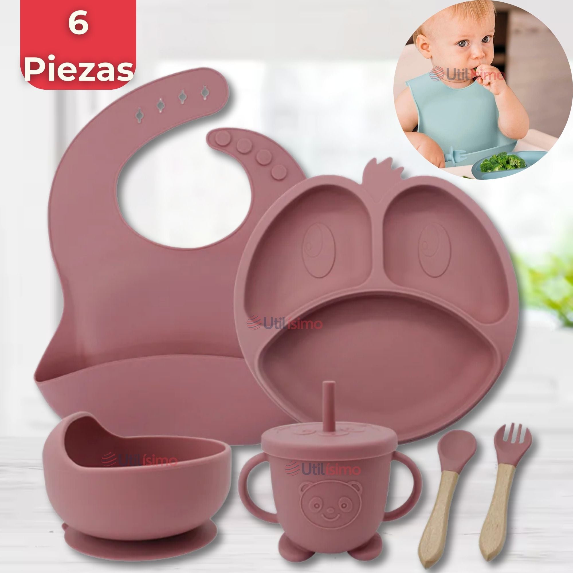 SET DE ALIMENTACIÓN BEBÉ SILICONA DE FORMAS 6 PIEZAS LIBRE BPA ROSA OSCURO - 1