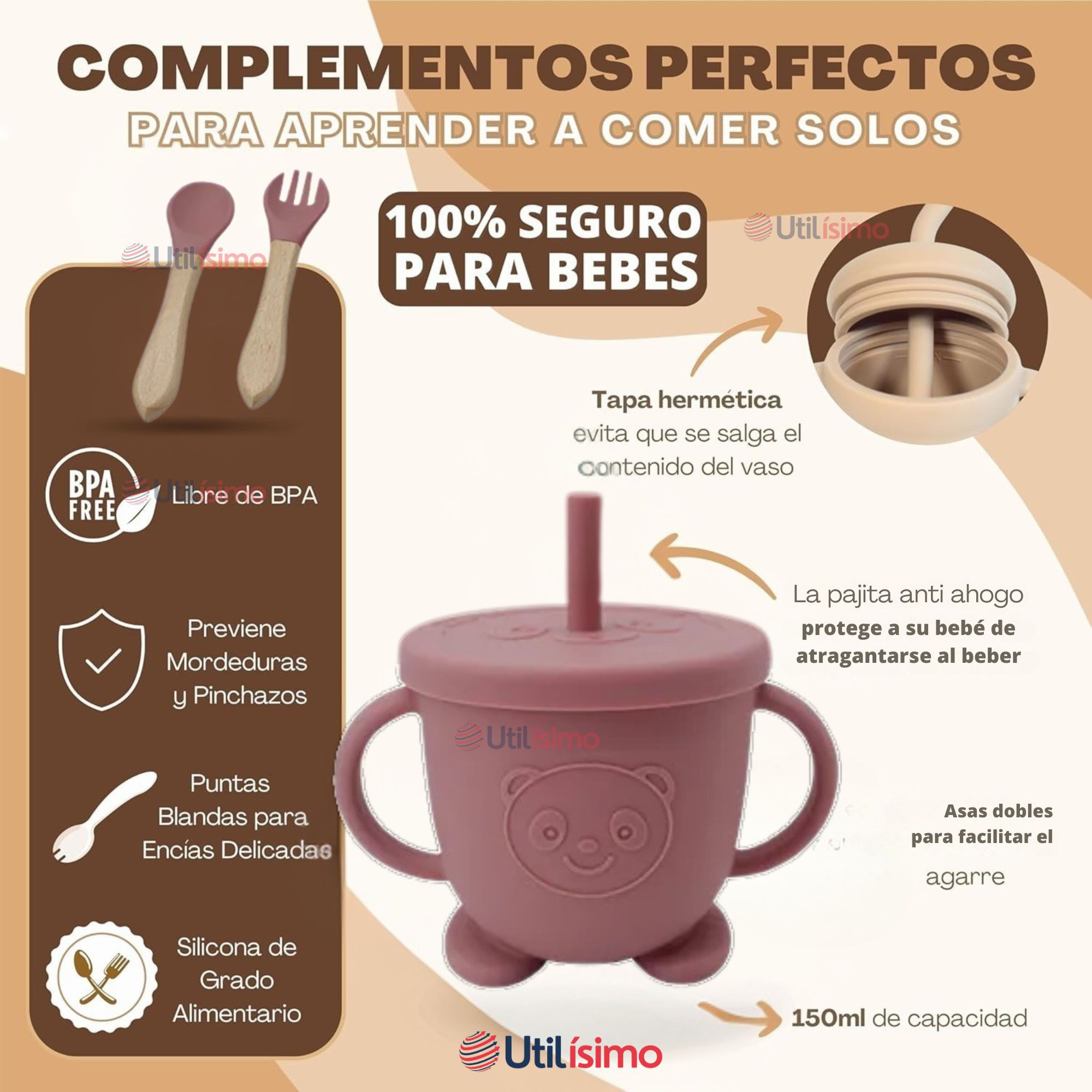 SET DE ALIMENTACIÓN BEBÉ SILICONA DE FORMAS 6 PIEZAS LIBRE BPA ROSA OSCURO - 3