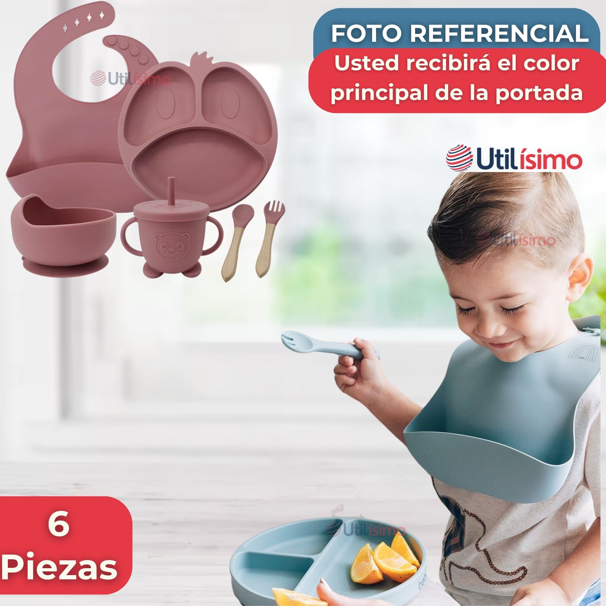 SET DE ALIMENTACIÓN BEBÉ SILICONA DE FORMAS 6 PIEZAS LIBRE BPA ROSA OSCURO - 8