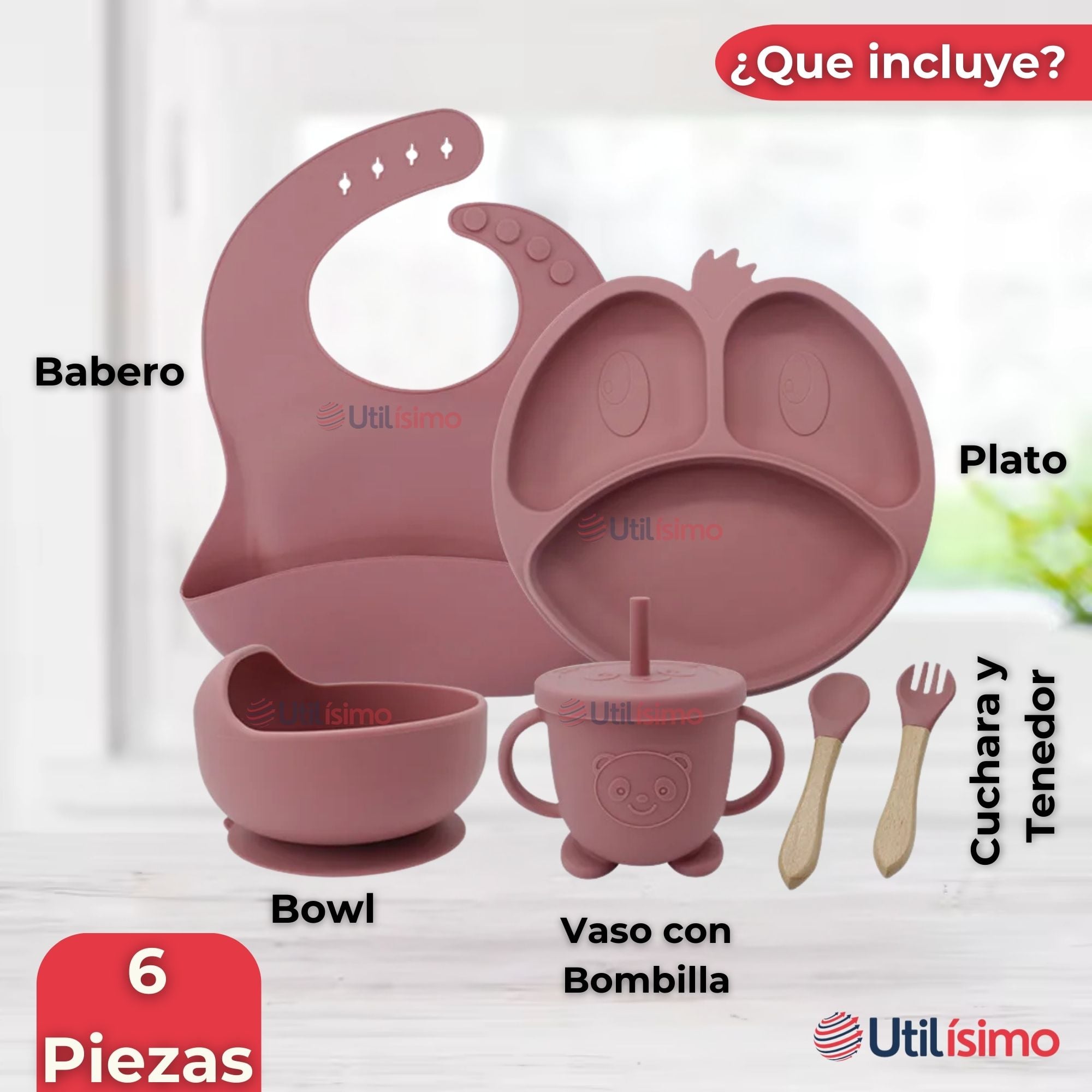 SET DE ALIMENTACIÓN BEBÉ SILICONA DE FORMAS 6 PIEZAS LIBRE BPA ROSA OSCURO - 9