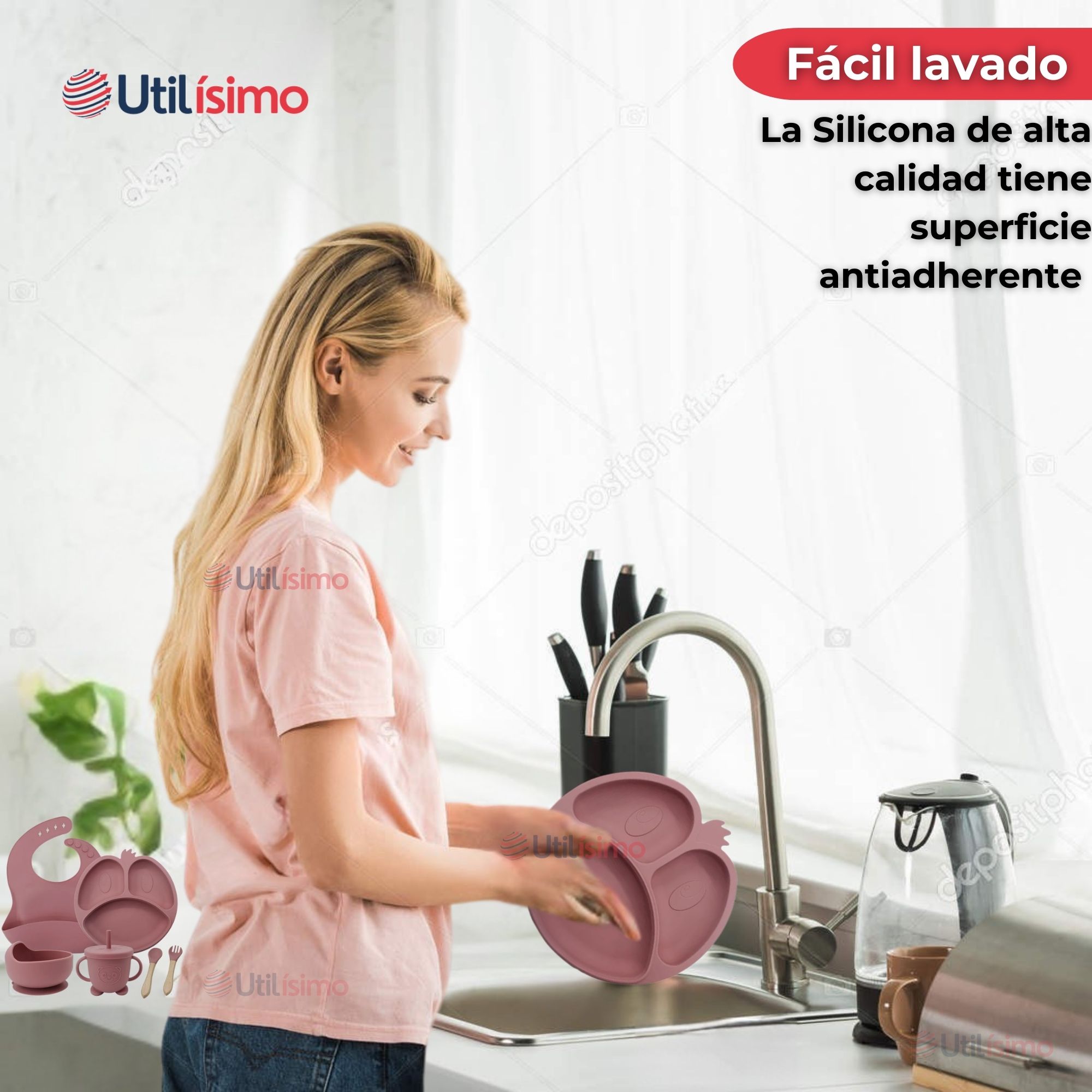 SET DE ALIMENTACIÓN BEBÉ SILICONA DE FORMAS 6 PIEZAS LIBRE BPA ROSA OSCURO - 11
