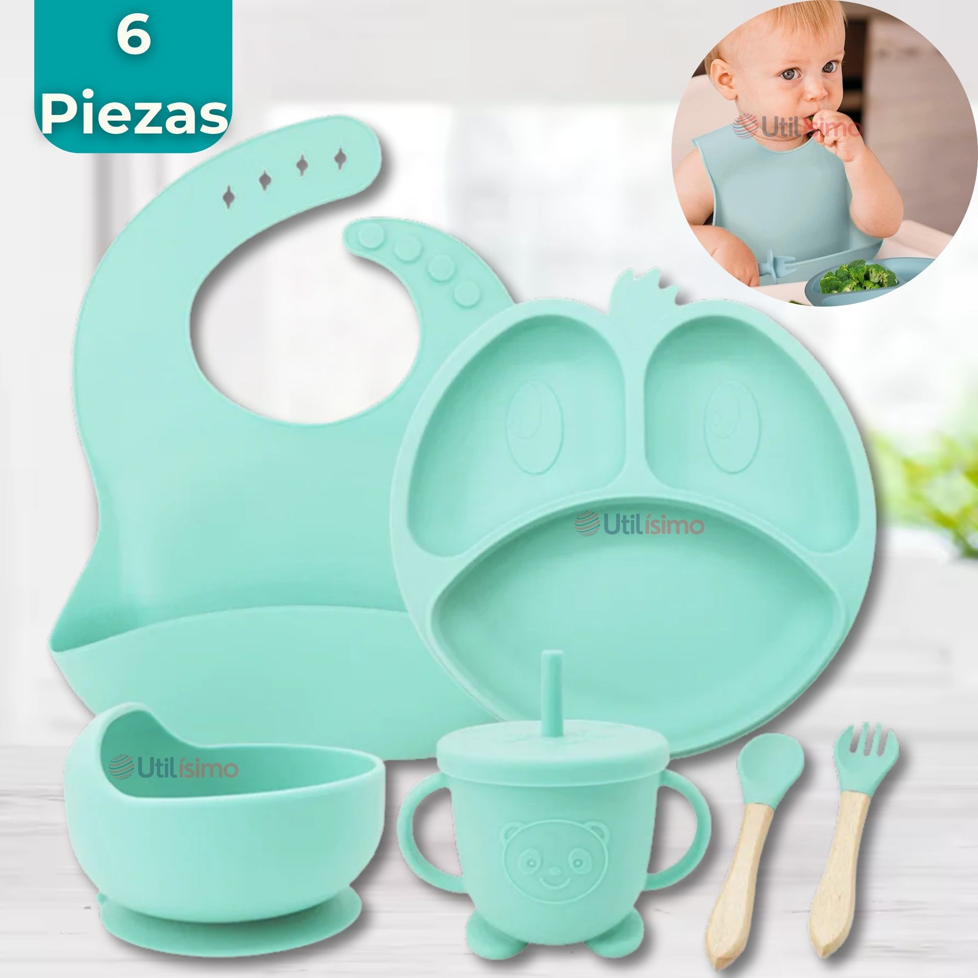 SET DE ALIMENTACIÓN BEBÉ SILICONA DE FORMAS 6 PIEZAS LIBRE BPA TURQUESA - 1