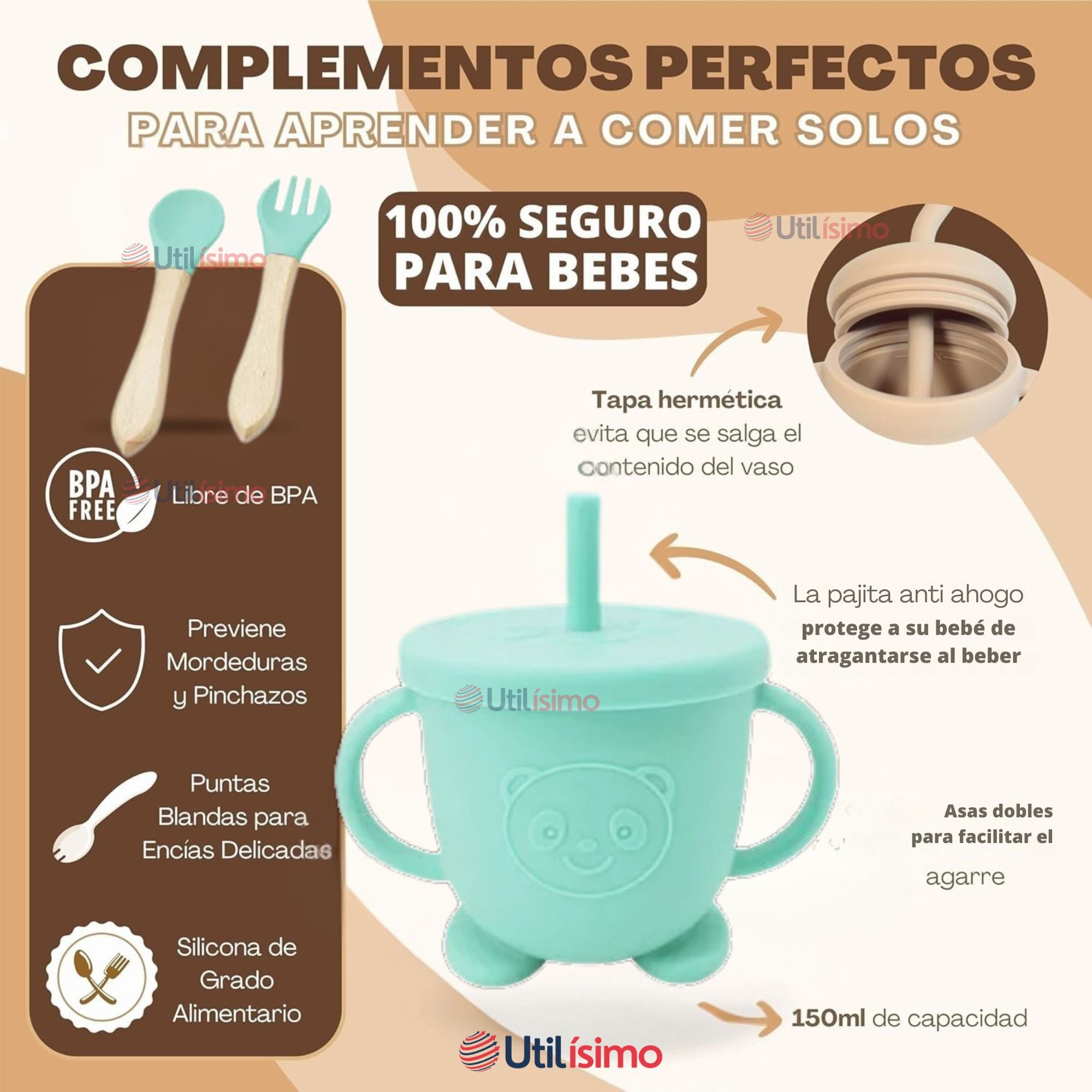 SET DE ALIMENTACIÓN BEBÉ SILICONA DE FORMAS 6 PIEZAS LIBRE BPA TURQUESA - 3