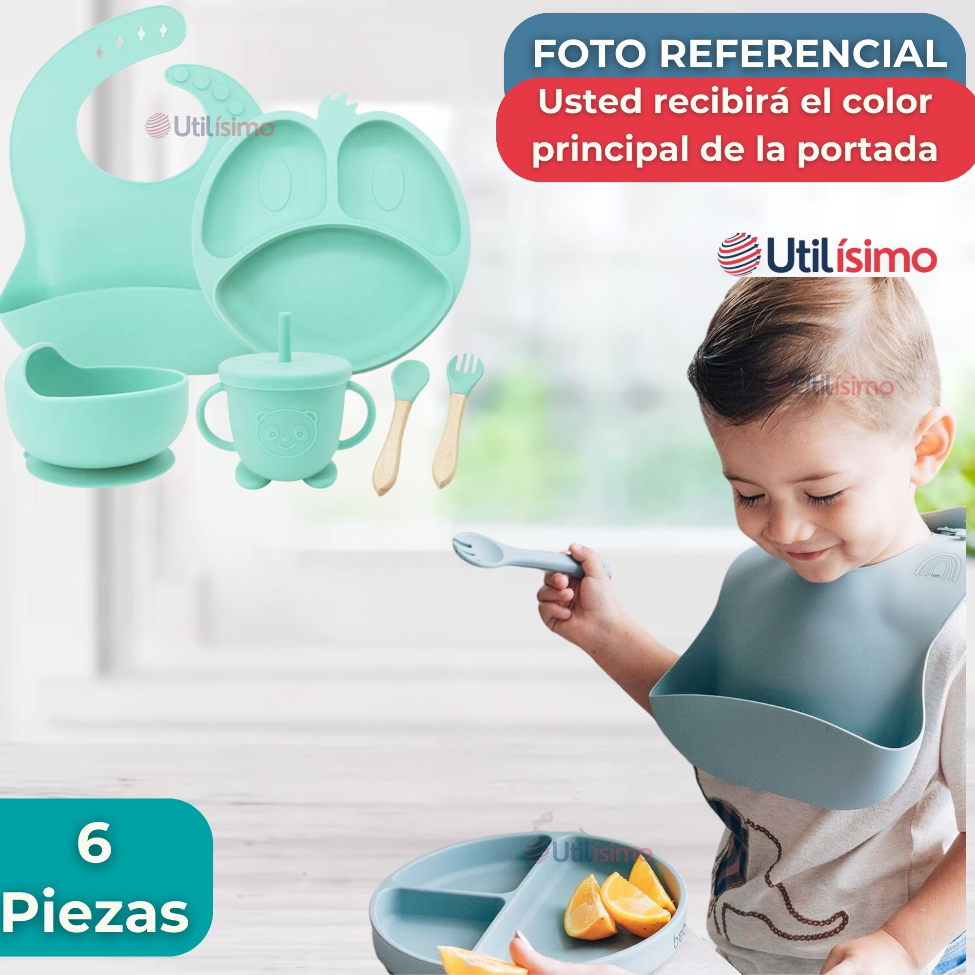 SET DE ALIMENTACIÓN BEBÉ SILICONA DE FORMAS 6 PIEZAS LIBRE BPA TURQUESA - 8