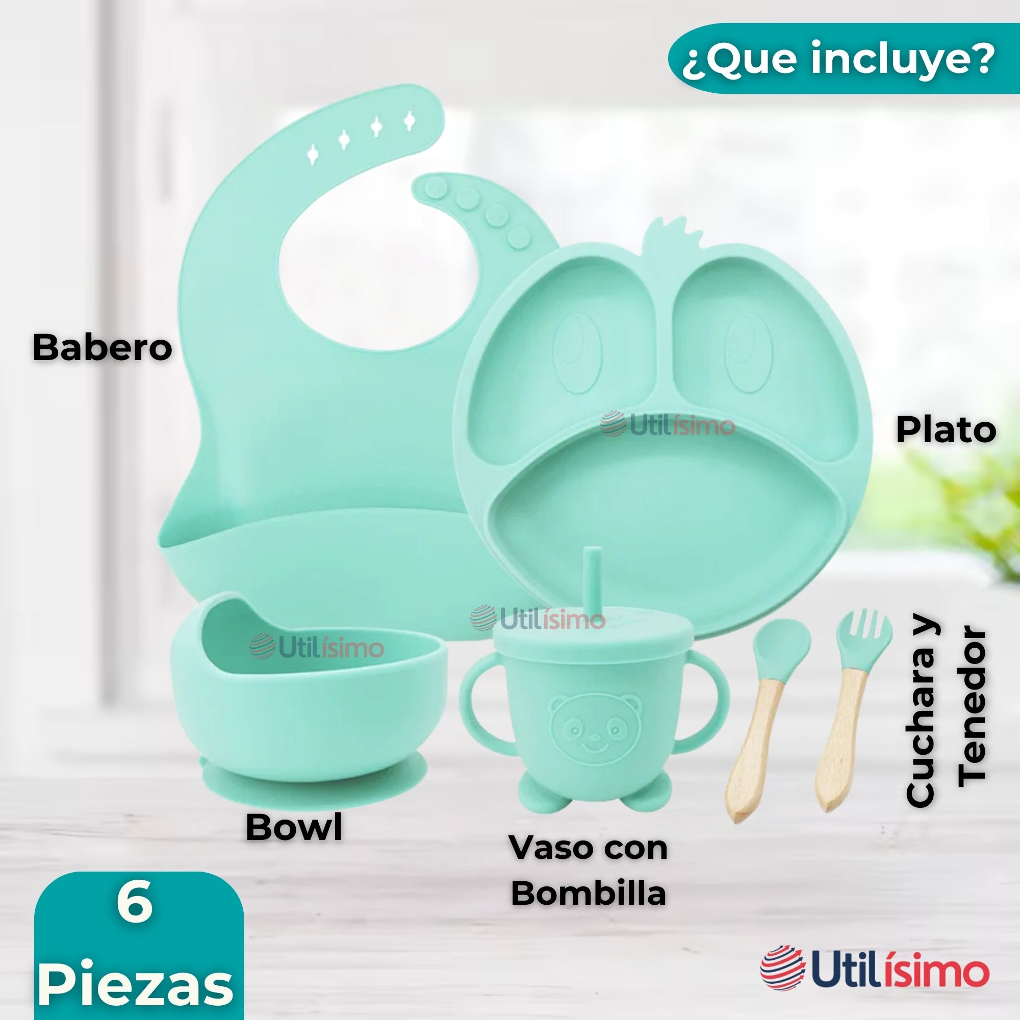 SET DE ALIMENTACIÓN BEBÉ SILICONA DE FORMAS 6 PIEZAS LIBRE BPA TURQUESA - 9