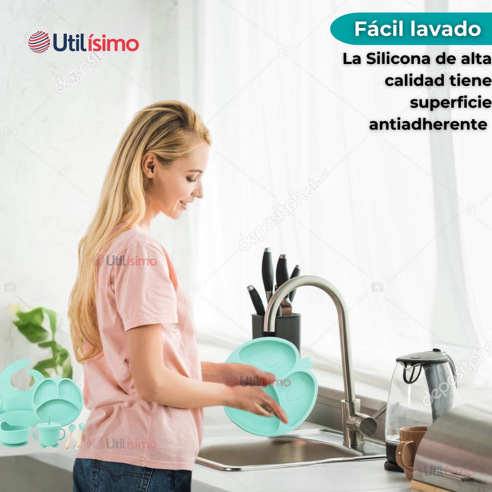 SET DE ALIMENTACIÓN BEBÉ SILICONA DE FORMAS 6 PIEZAS LIBRE BPA TURQUESA - 11