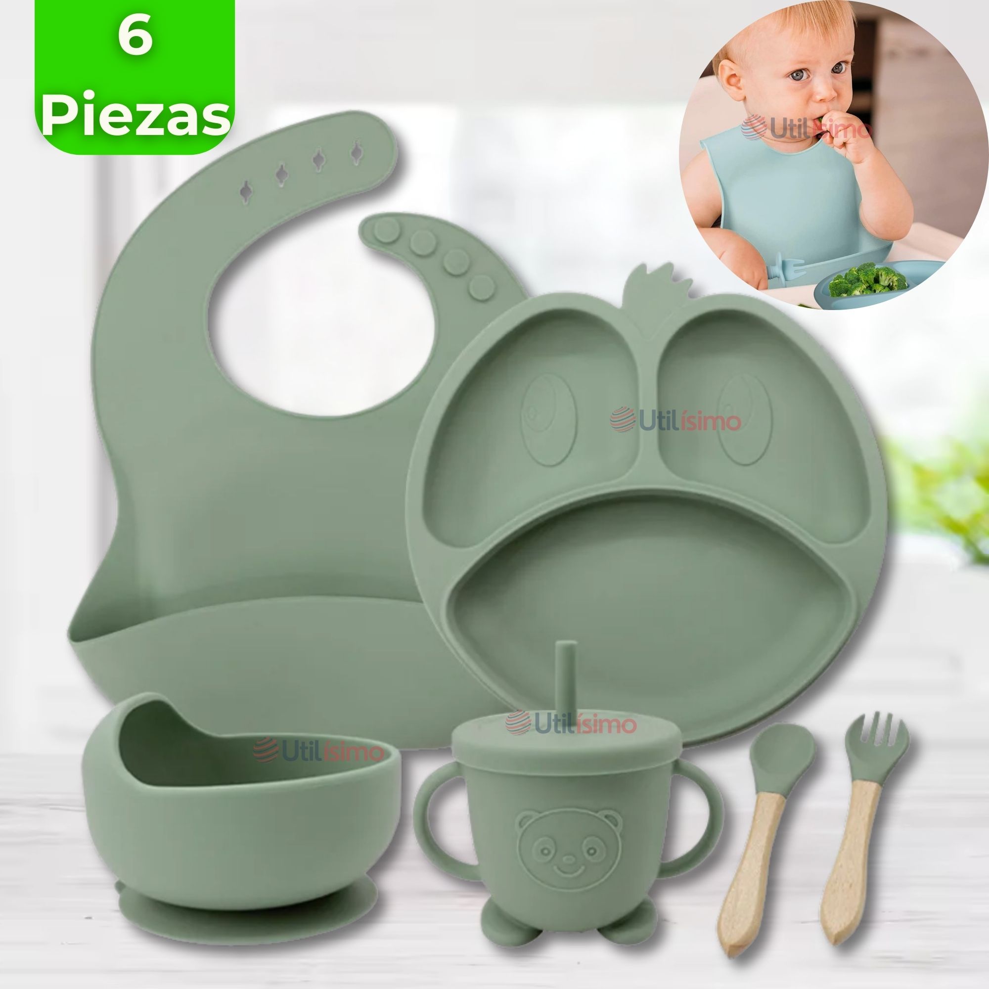 SET DE ALIMENTACIÓN BEBÉ SILICONA DE FORMAS 6 PIEZAS LIBRE BPA VERDE - 1