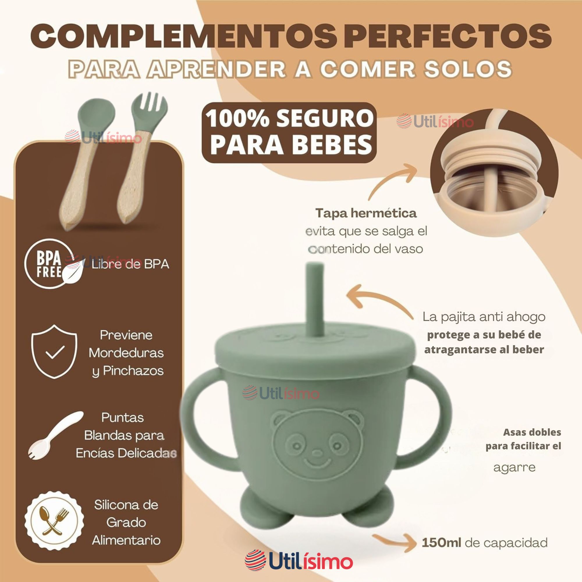 SET DE ALIMENTACIÓN BEBÉ SILICONA DE FORMAS 6 PIEZAS LIBRE BPA VERDE - 3