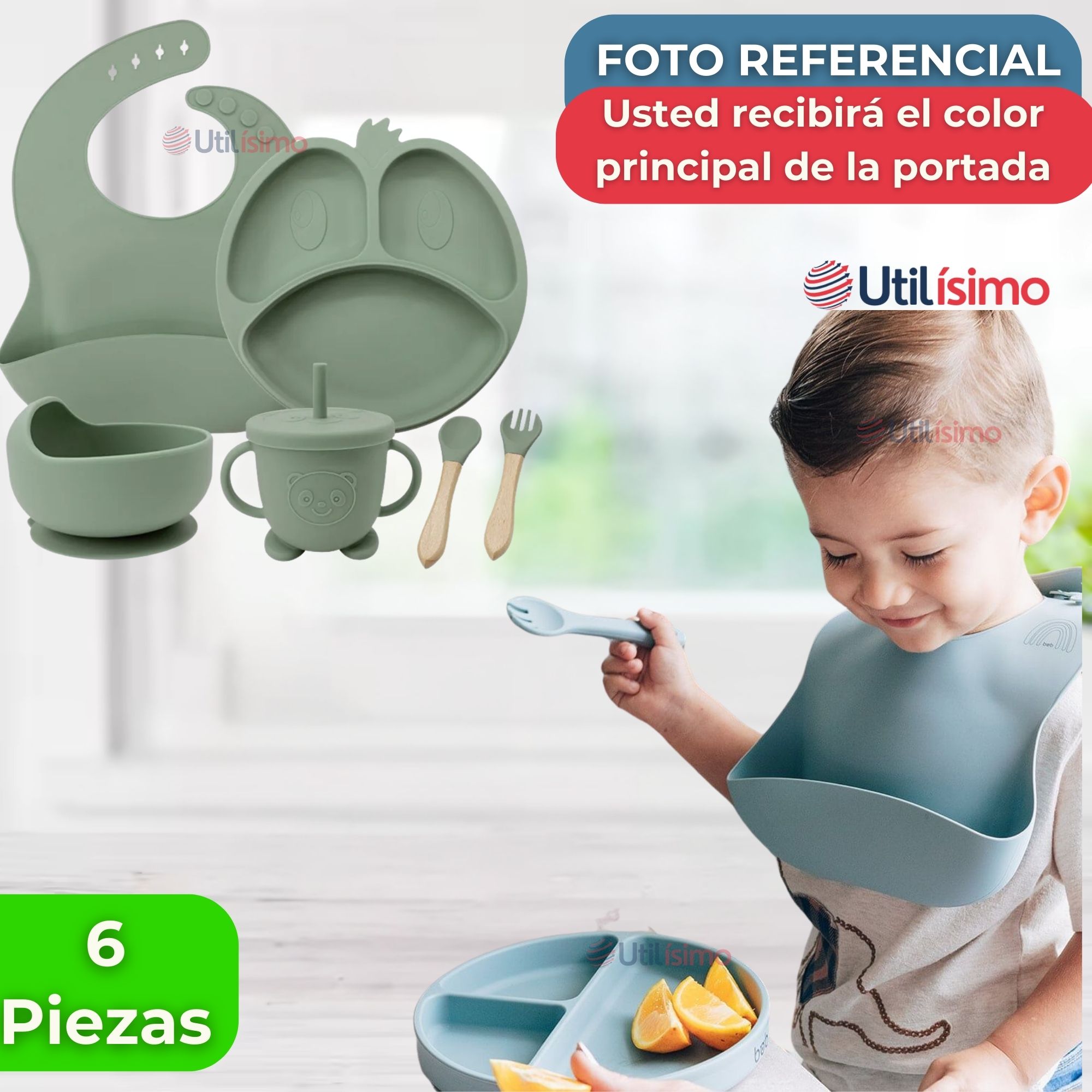 SET DE ALIMENTACIÓN BEBÉ SILICONA DE FORMAS 6 PIEZAS LIBRE BPA VERDE - 8