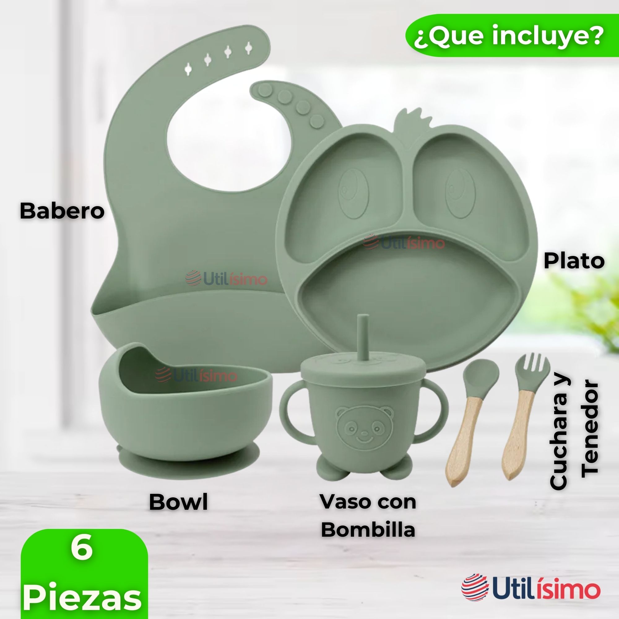SET DE ALIMENTACIÓN BEBÉ SILICONA DE FORMAS 6 PIEZAS LIBRE BPA VERDE - 9