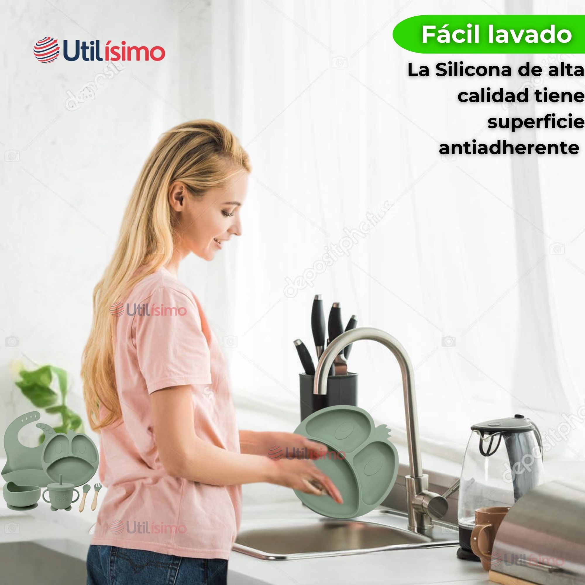 SET DE ALIMENTACIÓN BEBÉ SILICONA DE FORMAS 6 PIEZAS LIBRE BPA VERDE - 11