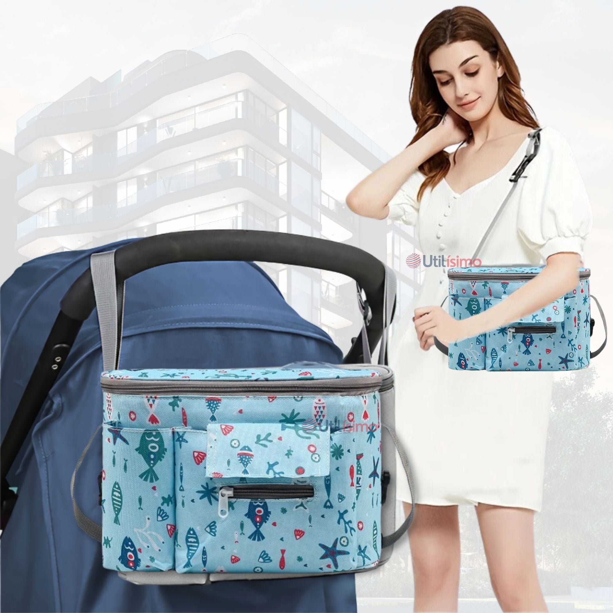 BOLSO MATERNAL MOCHILA PARA COCHE PANALERA BEBE MAMA AZUL
