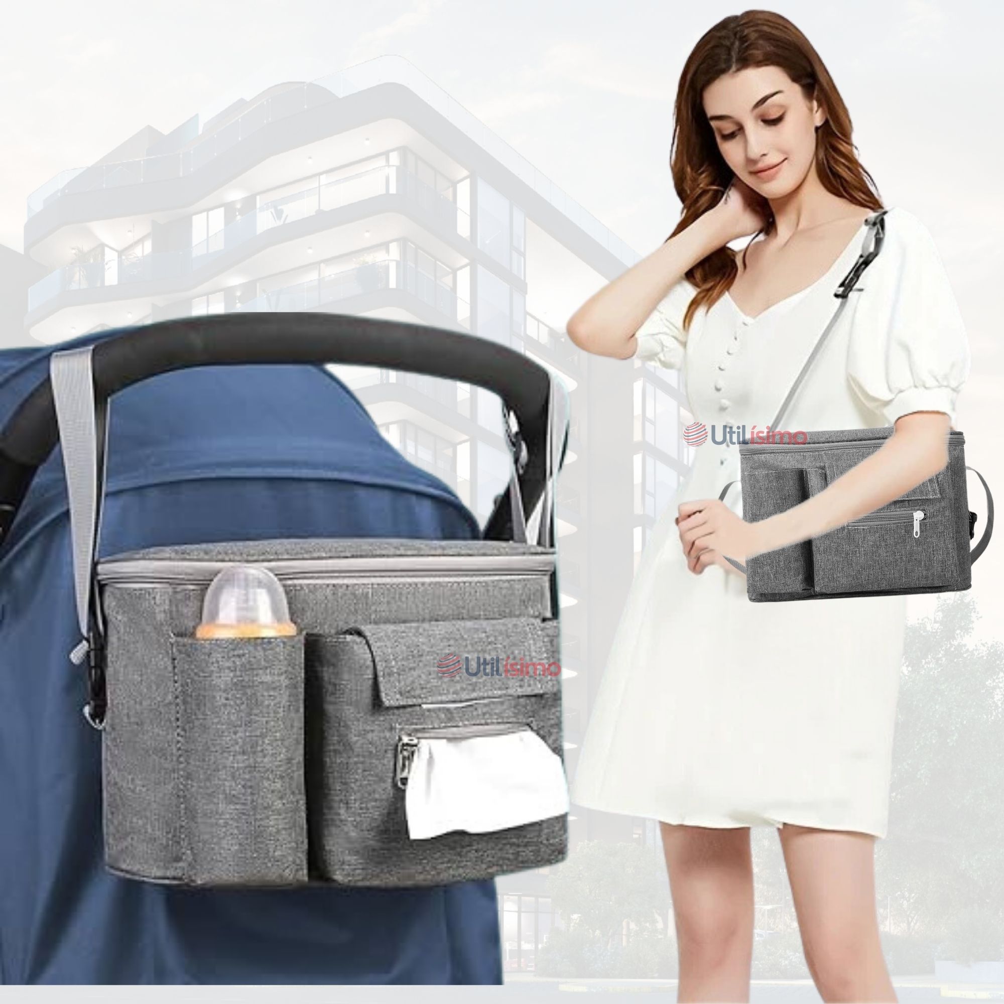 BOLSO MATERNAL MOCHILA PARA COCHE PAÑALERA BEBÉ MAMÁ GRIS - 1