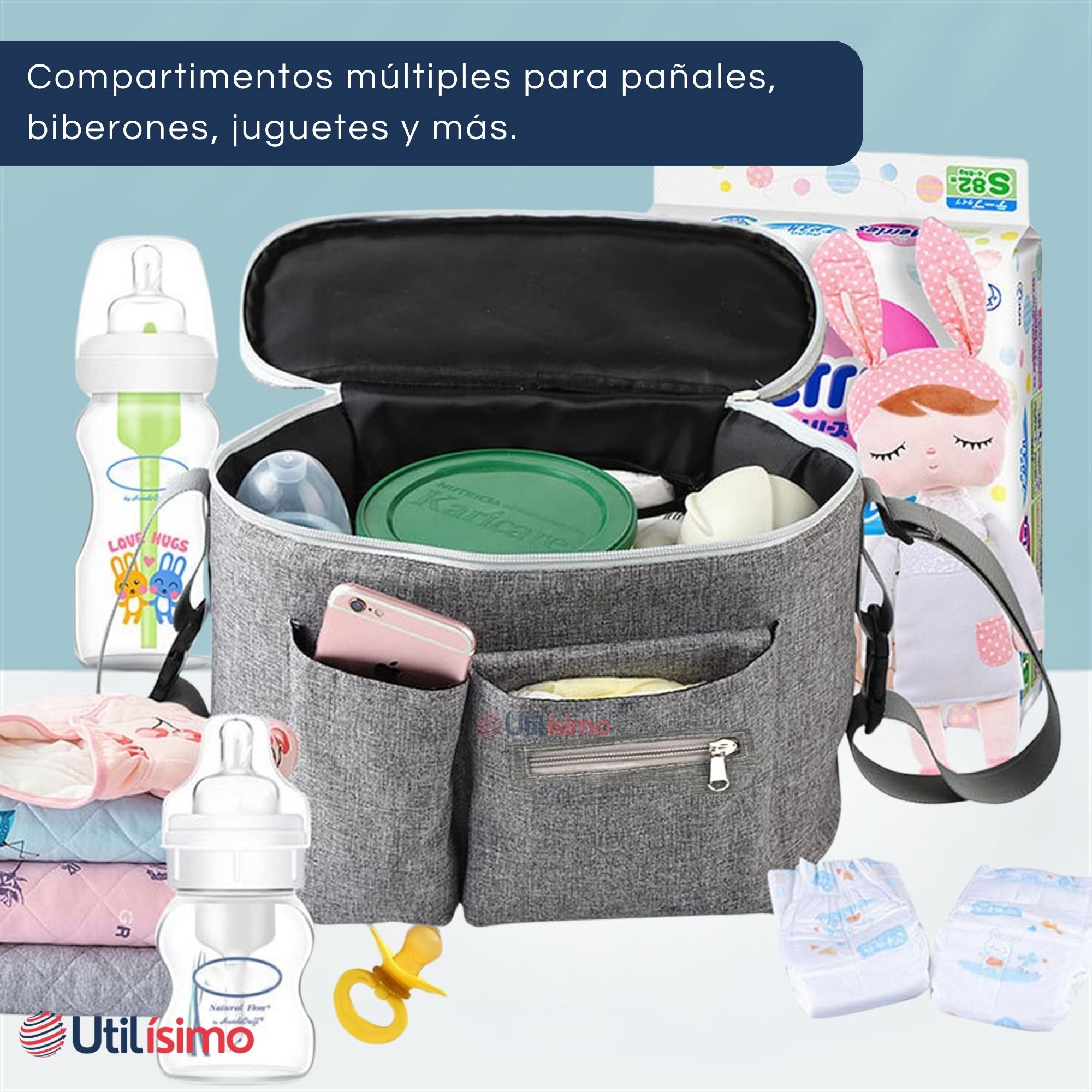 BOLSO MATERNAL MOCHILA PARA COCHE PAÑALERA BEBÉ MAMÁ GRIS - 4