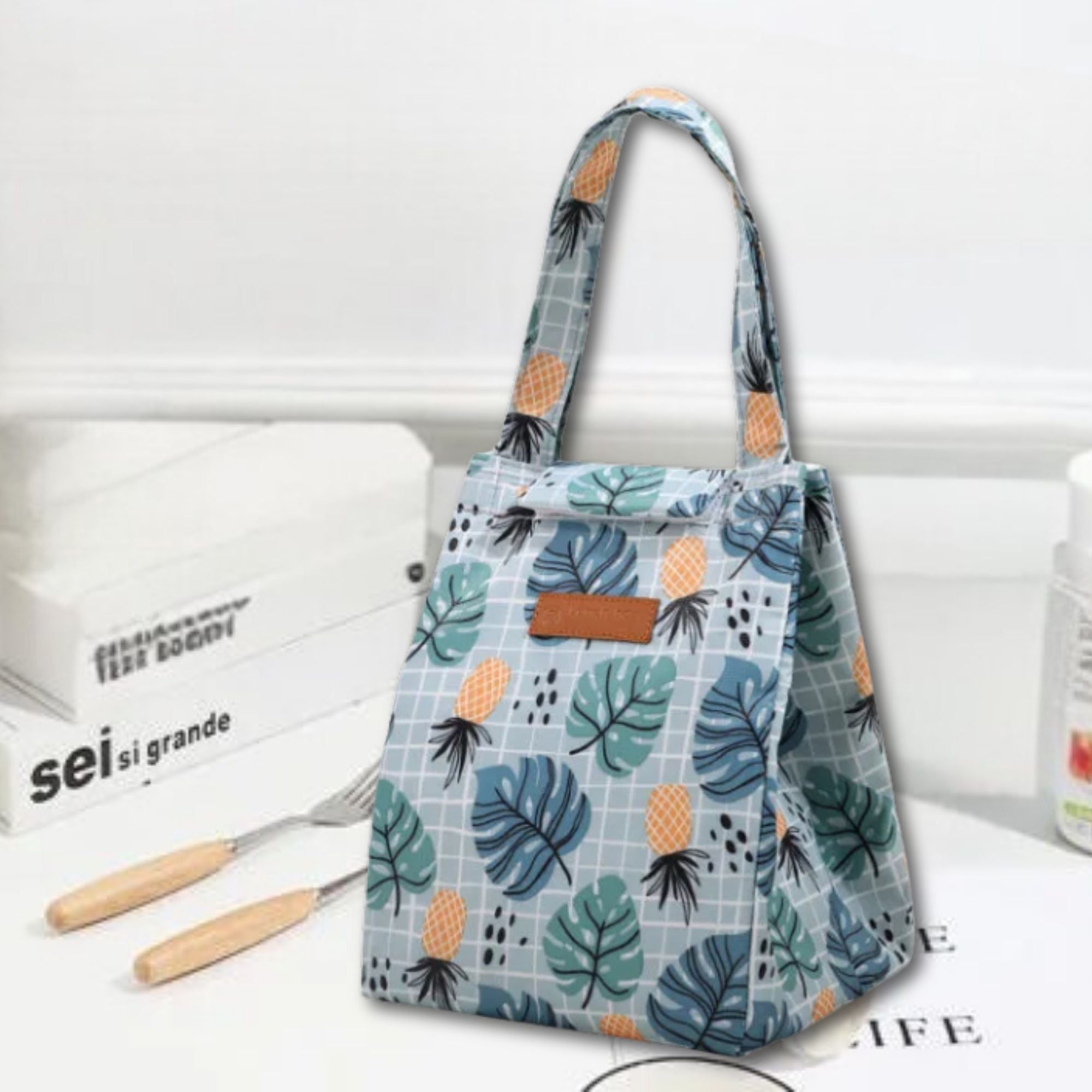 LONCHERA TÉRMICA ESTAMPADA BOLSA DE MANO PARA PICNIC PORTÁTIL BLUE PIÑA - 1