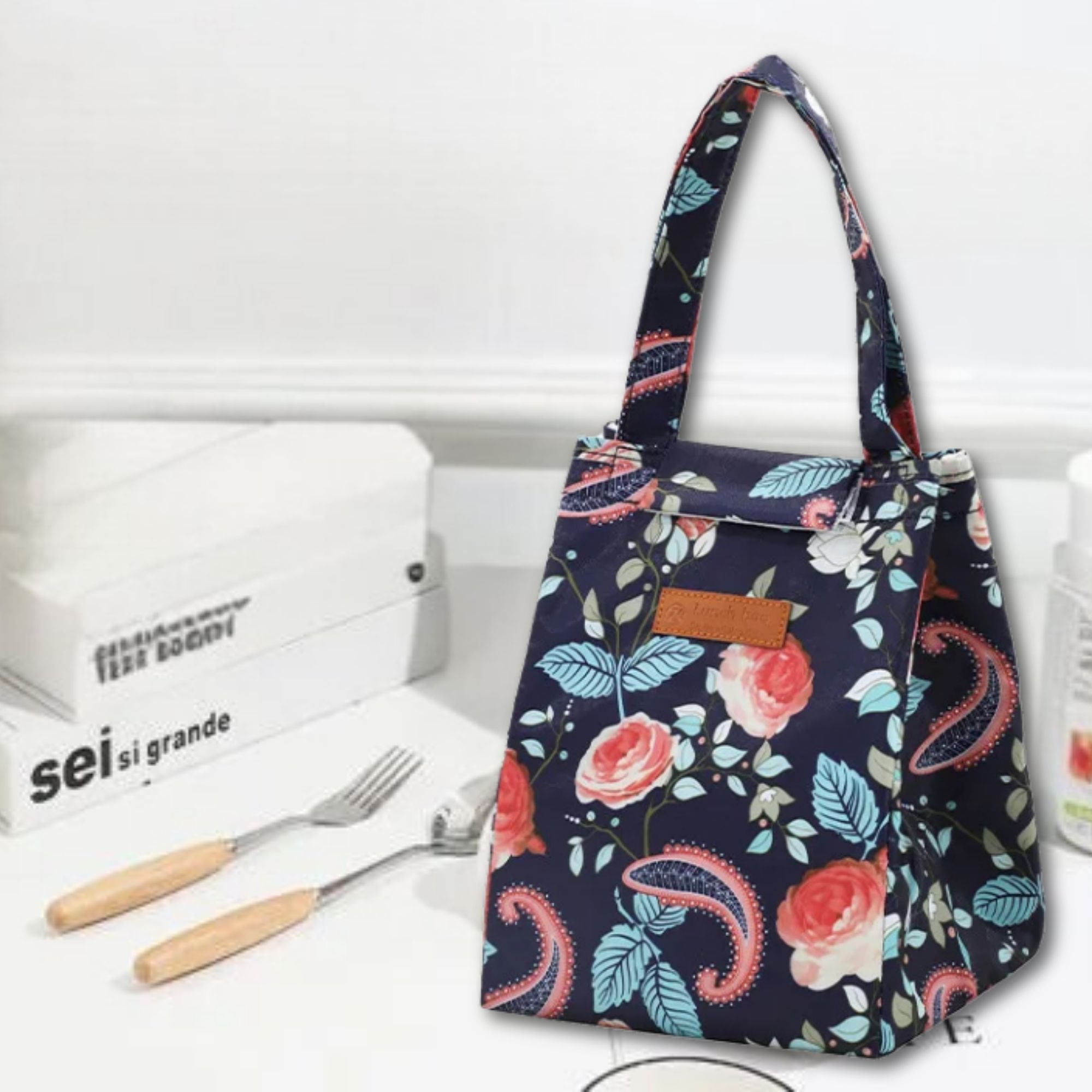 LONCHERA TÉRMICA ESTAMPADA BOLSA DE MANO PARA PICNIC PORTÁTIL BLUE ROSES - 1