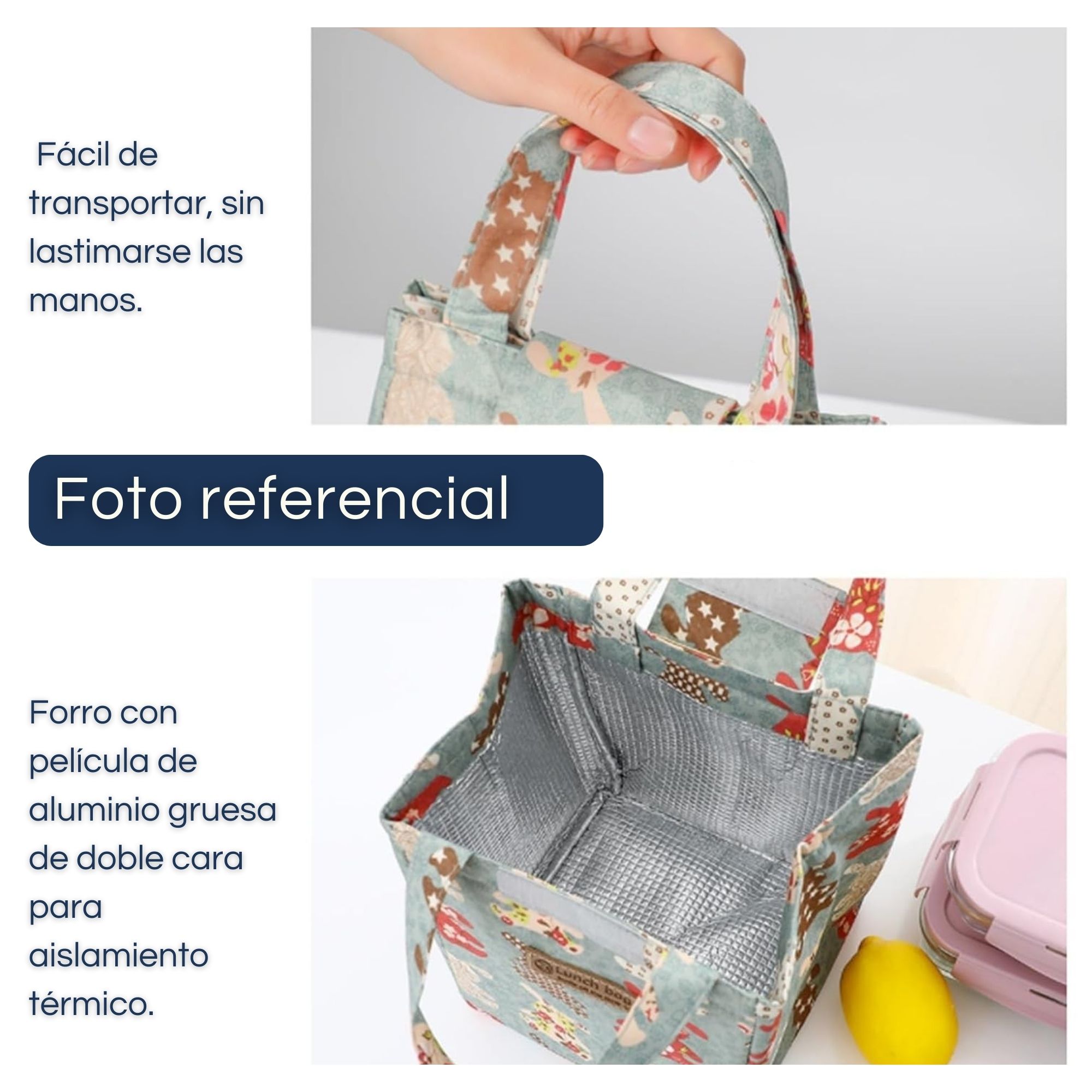 LONCHERA TÉRMICA ESTAMPADA BOLSA DE MANO PARA PICNIC PORTÁTIL BLUE ROSES - 5