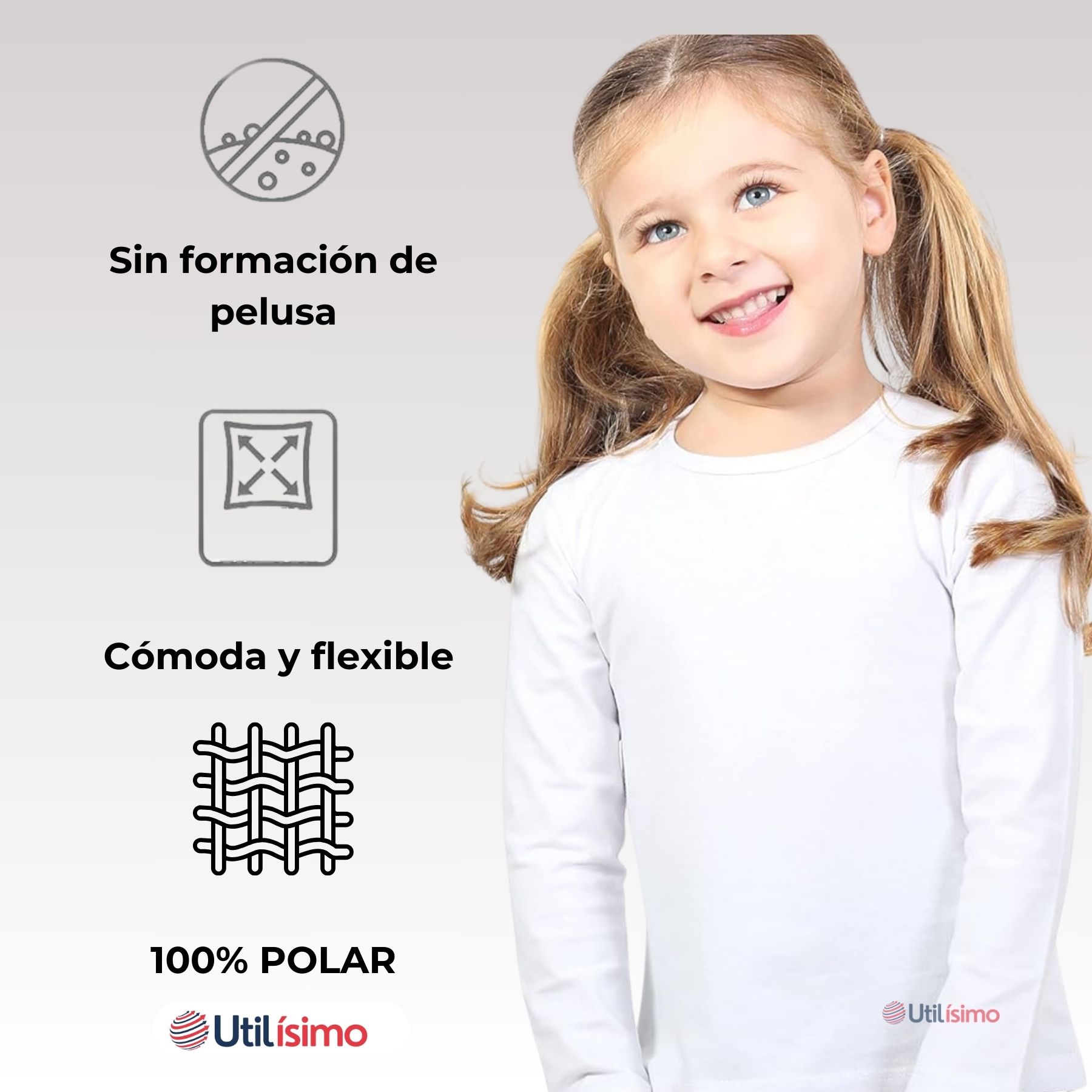 CAMISETA POLERA POLAR MANGA LARGA NIÑA PRIMERA CAPA BLANCO - 4