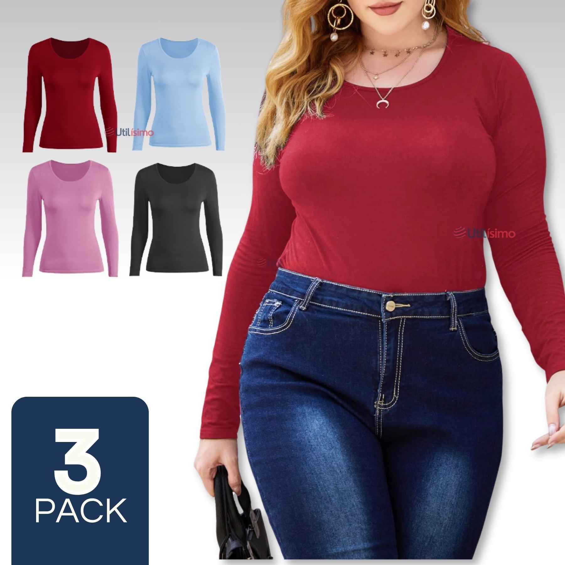PACK 3 CAMISETA MUJER MANGA LARGA CUELLO RDONDO PRIMERA CAPA - 1