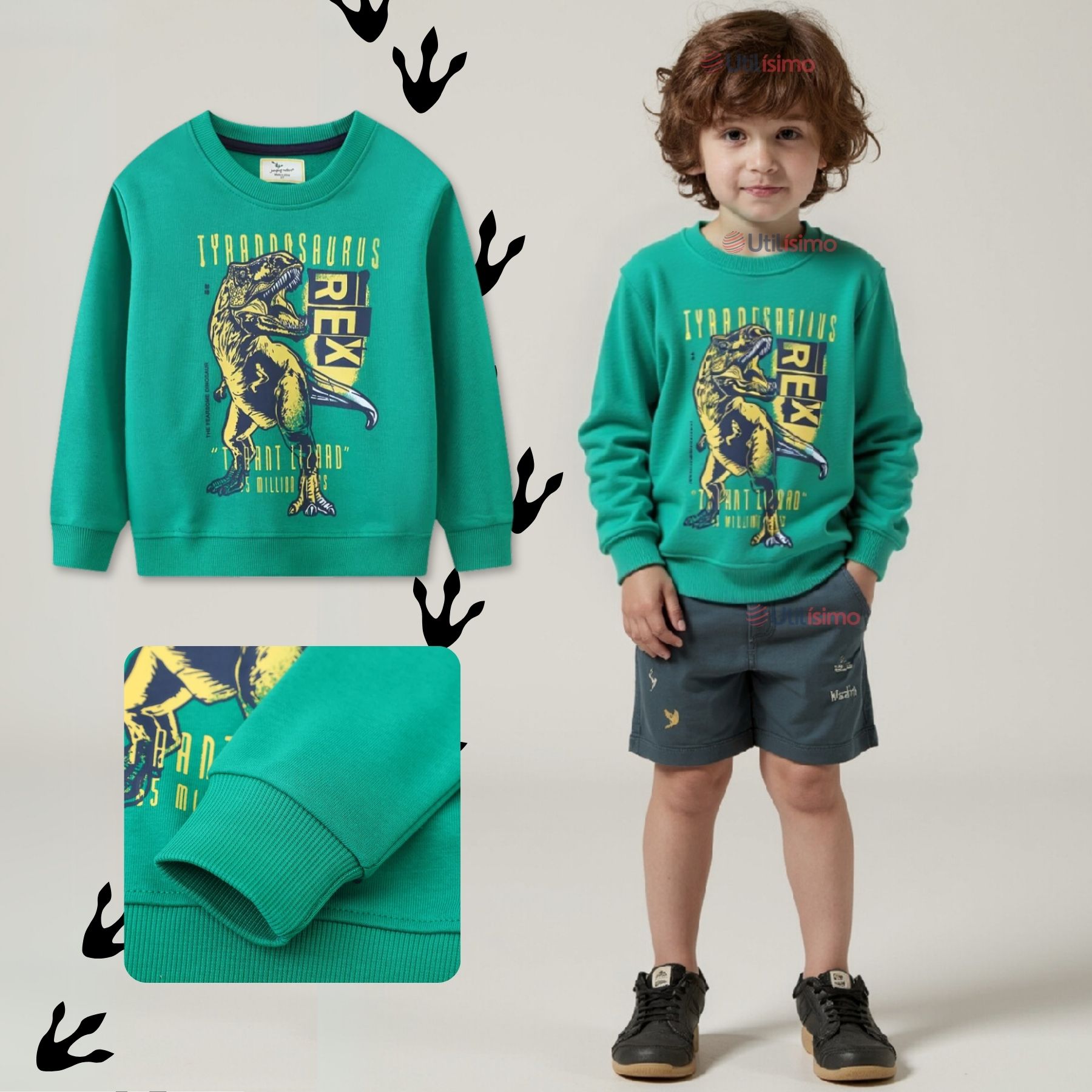 POLERÓN NIÑO MANGA LARGA 100% ALGODÓN VERDE DINOSAURIO - 1
