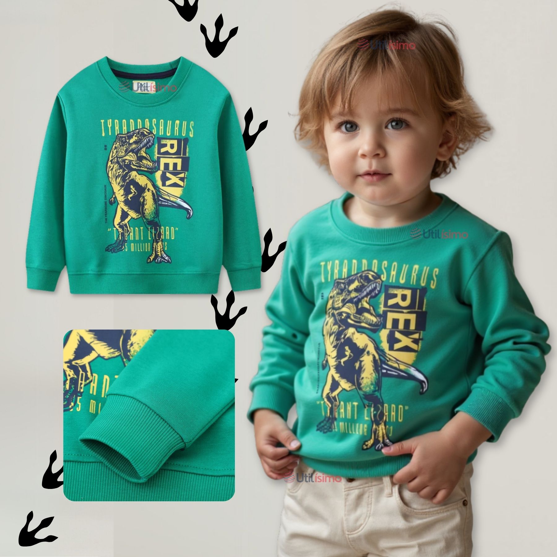 POLERÓN NIÑO MANGA LARGA 100% ALGODÓN VERDE DINOSAURIO - 1