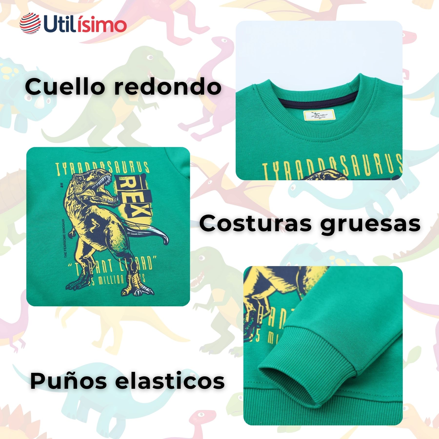 POLERÓN NIÑO MANGA LARGA 100% ALGODÓN VERDE DINOSAURIO - 3